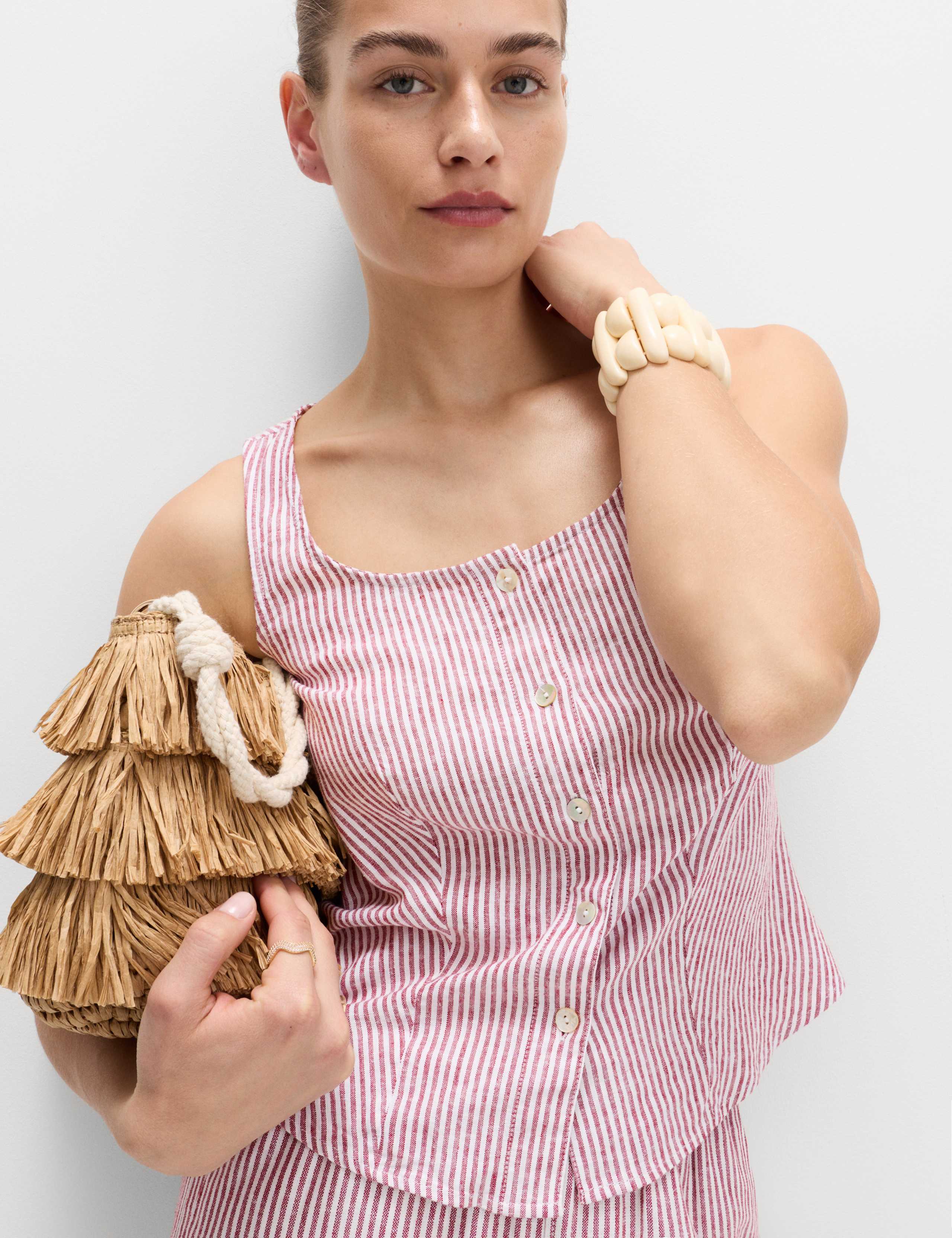 Linen Rich Striped Button Through Top