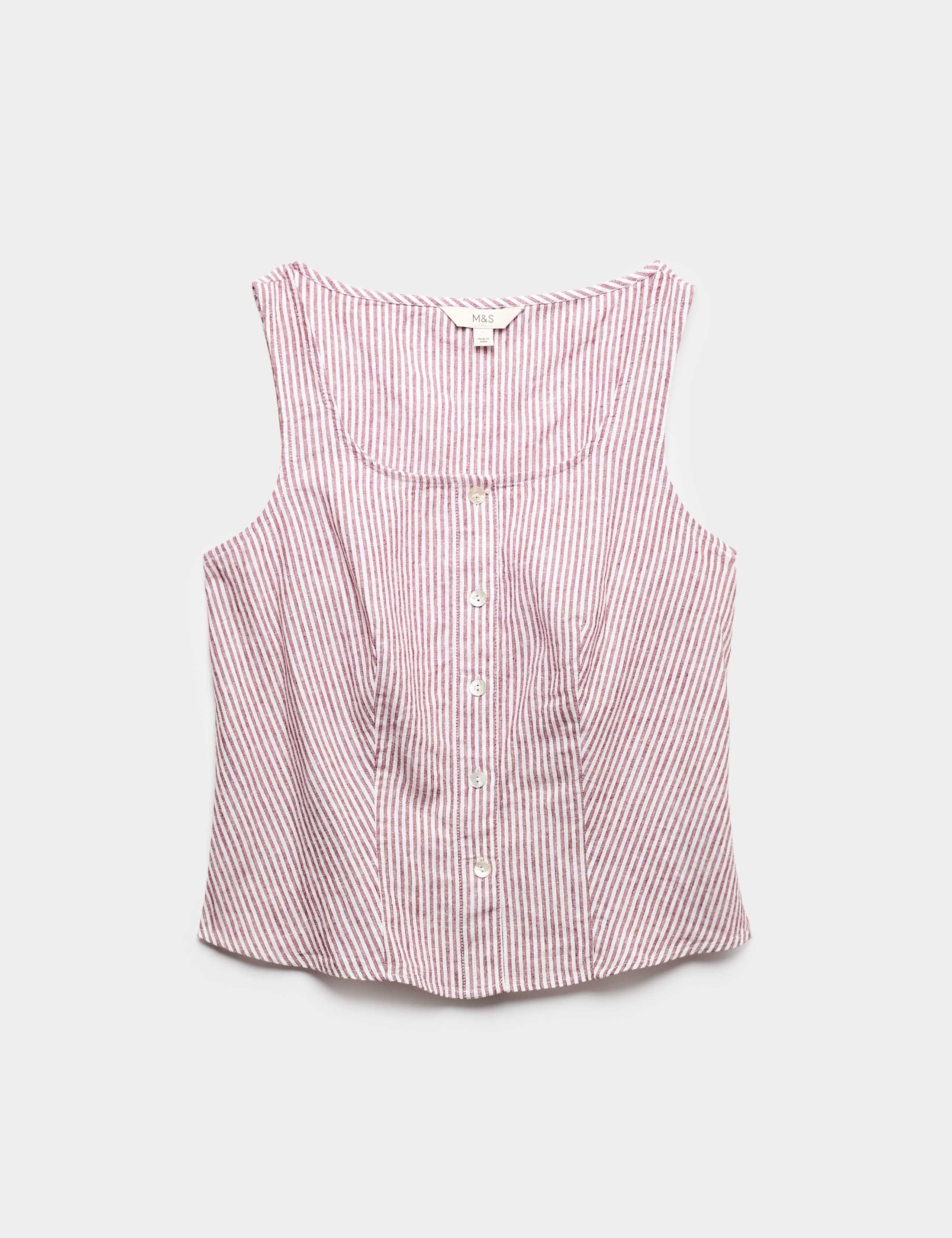 Linen Rich Striped Button Through Top