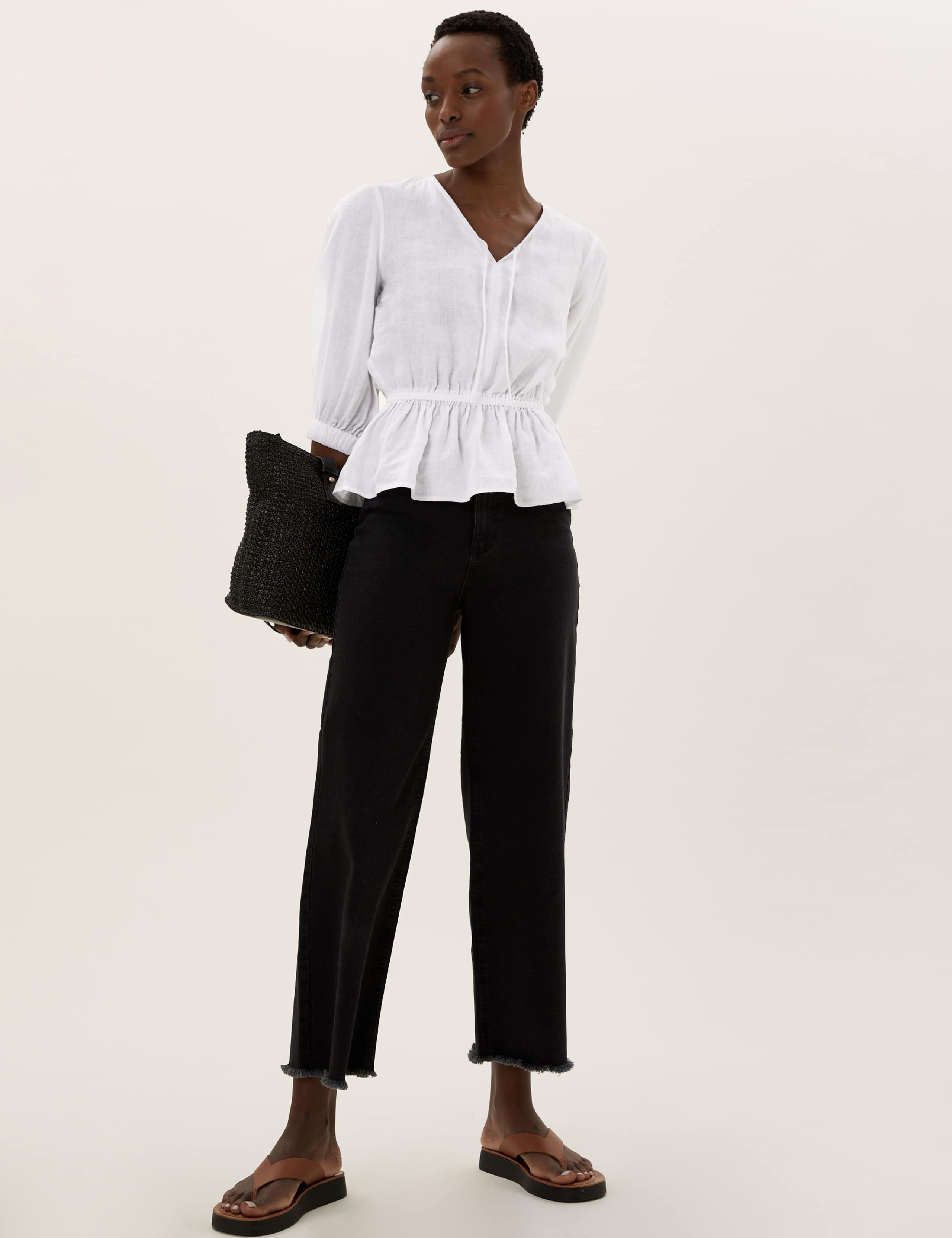Pure Linen V-Neck 3/4 Sleeve Peplum Top
