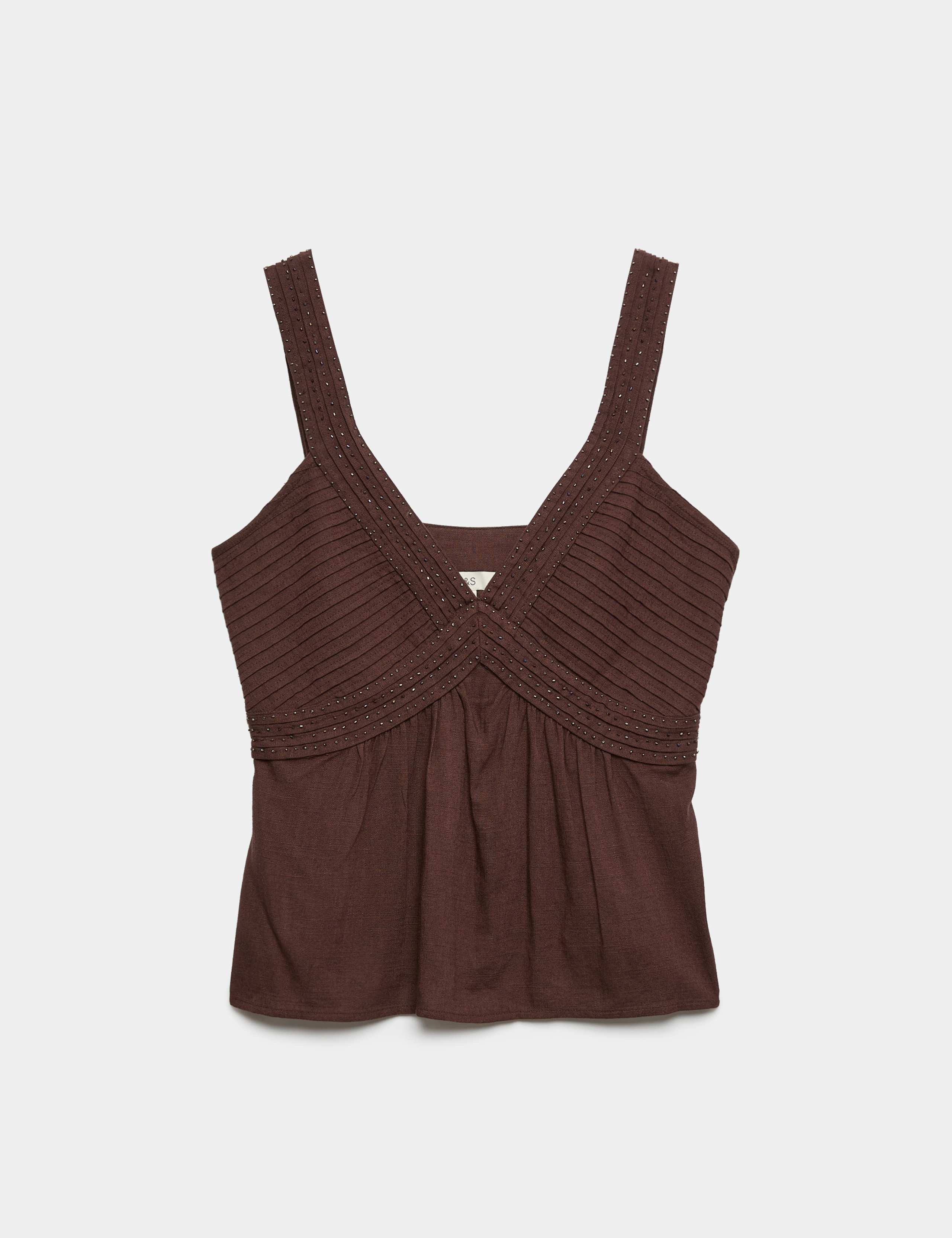 Textured Beaded V-Neck Cami Top with Linen
