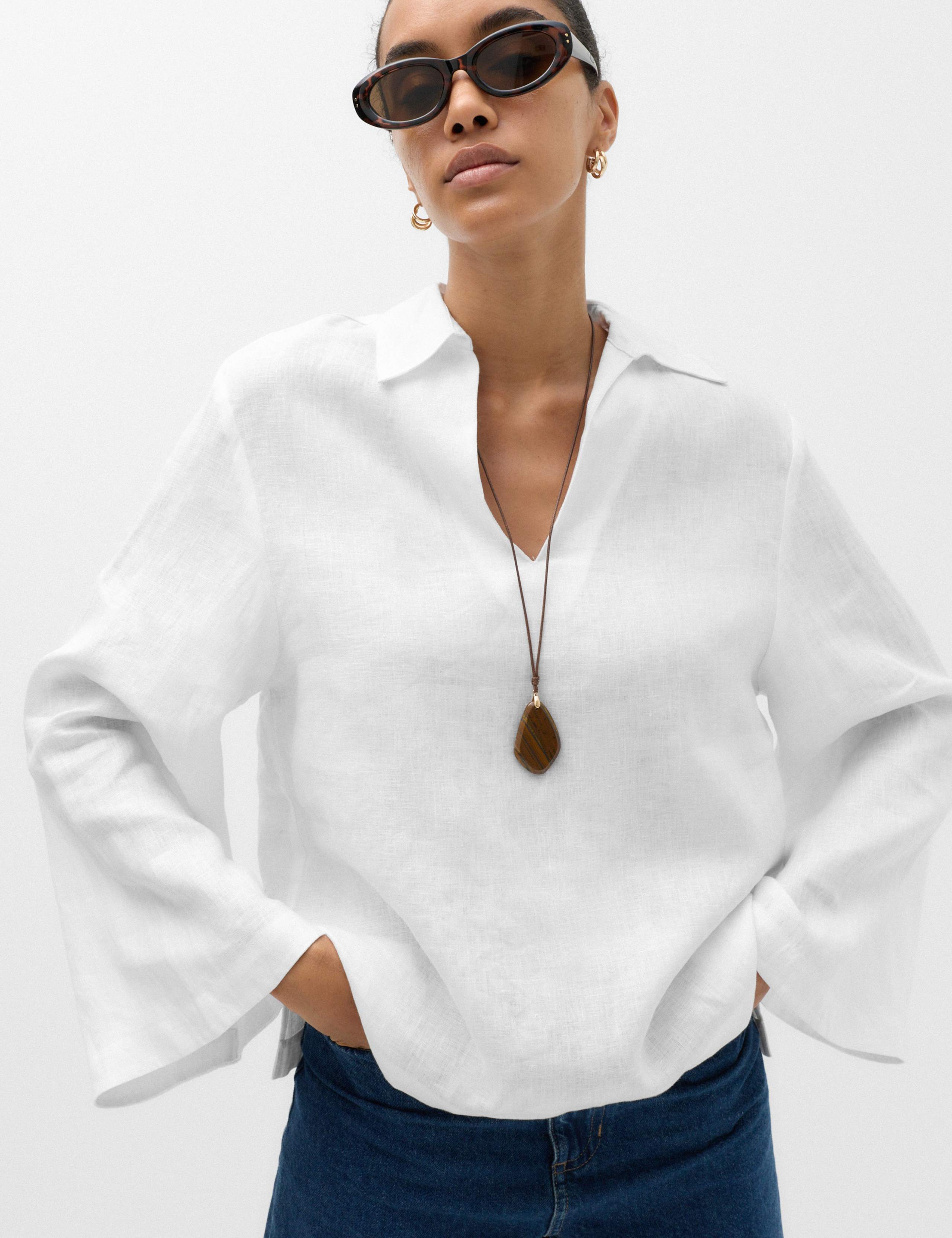 Pure Linen Collared V-Neck Top
