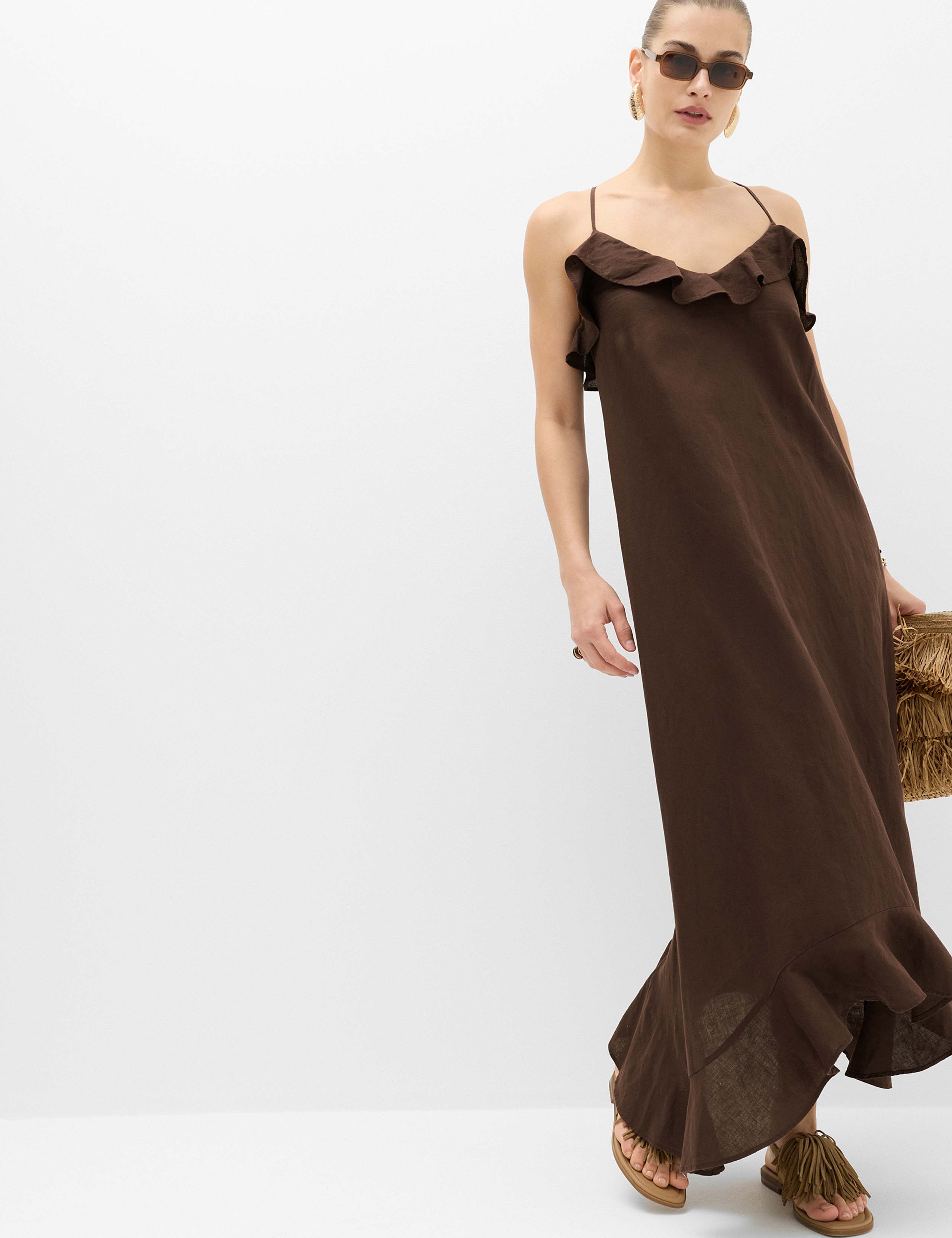 Linen Cotton Blend Ruffle Maxi Dress