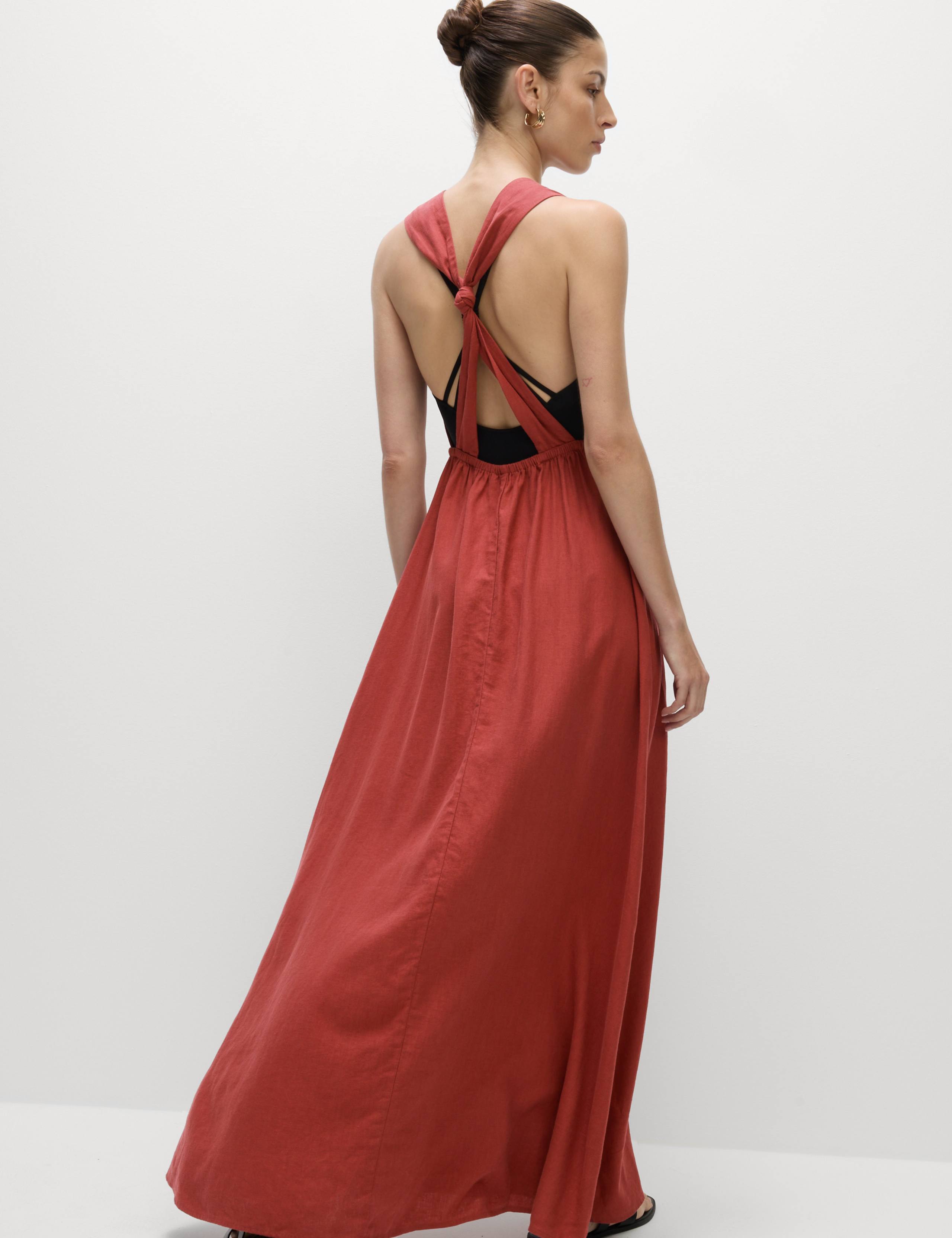 Linen Rich Halterneck Maxi Waisted Dress