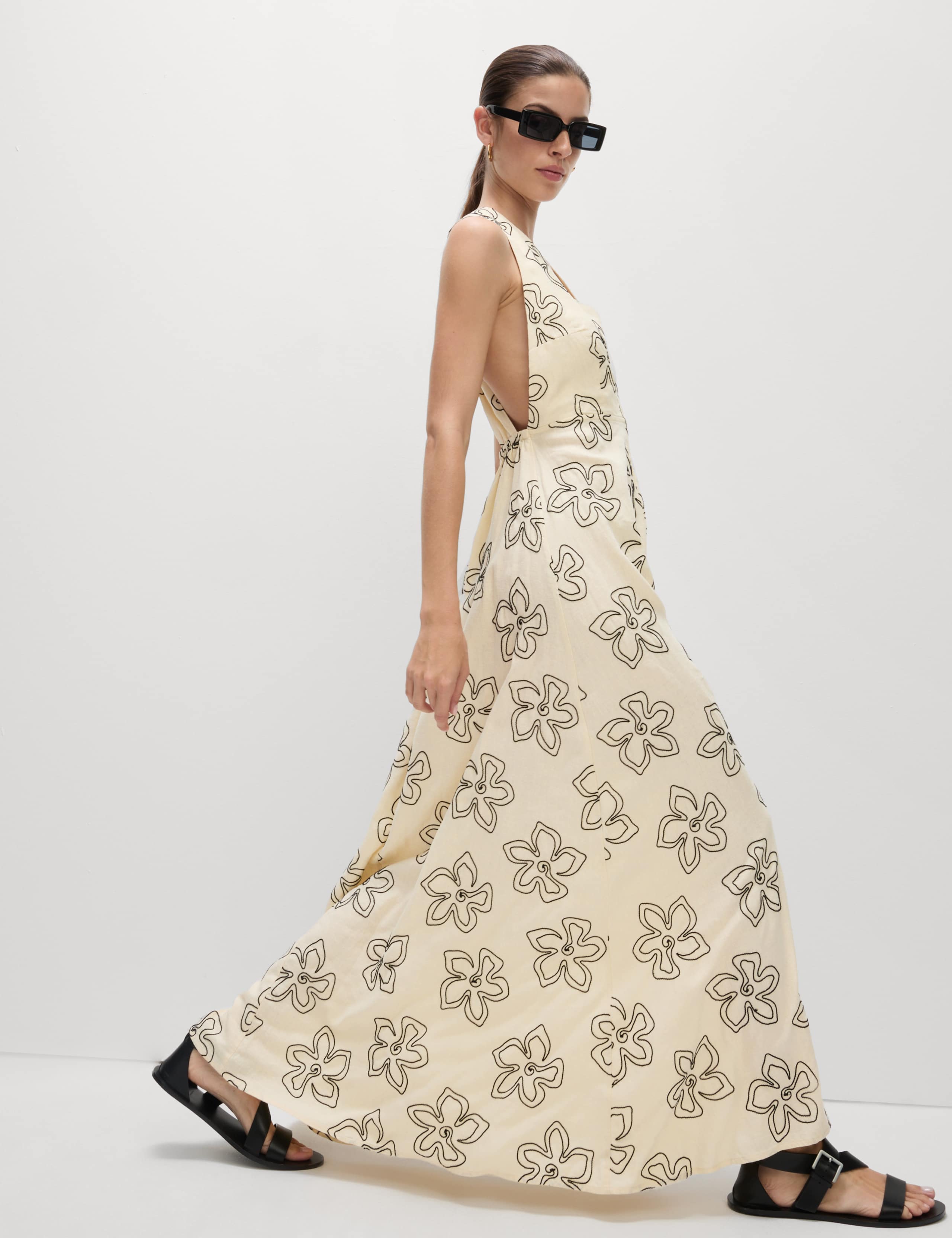Linen Rich Floral Halter Neck Maxi Dress