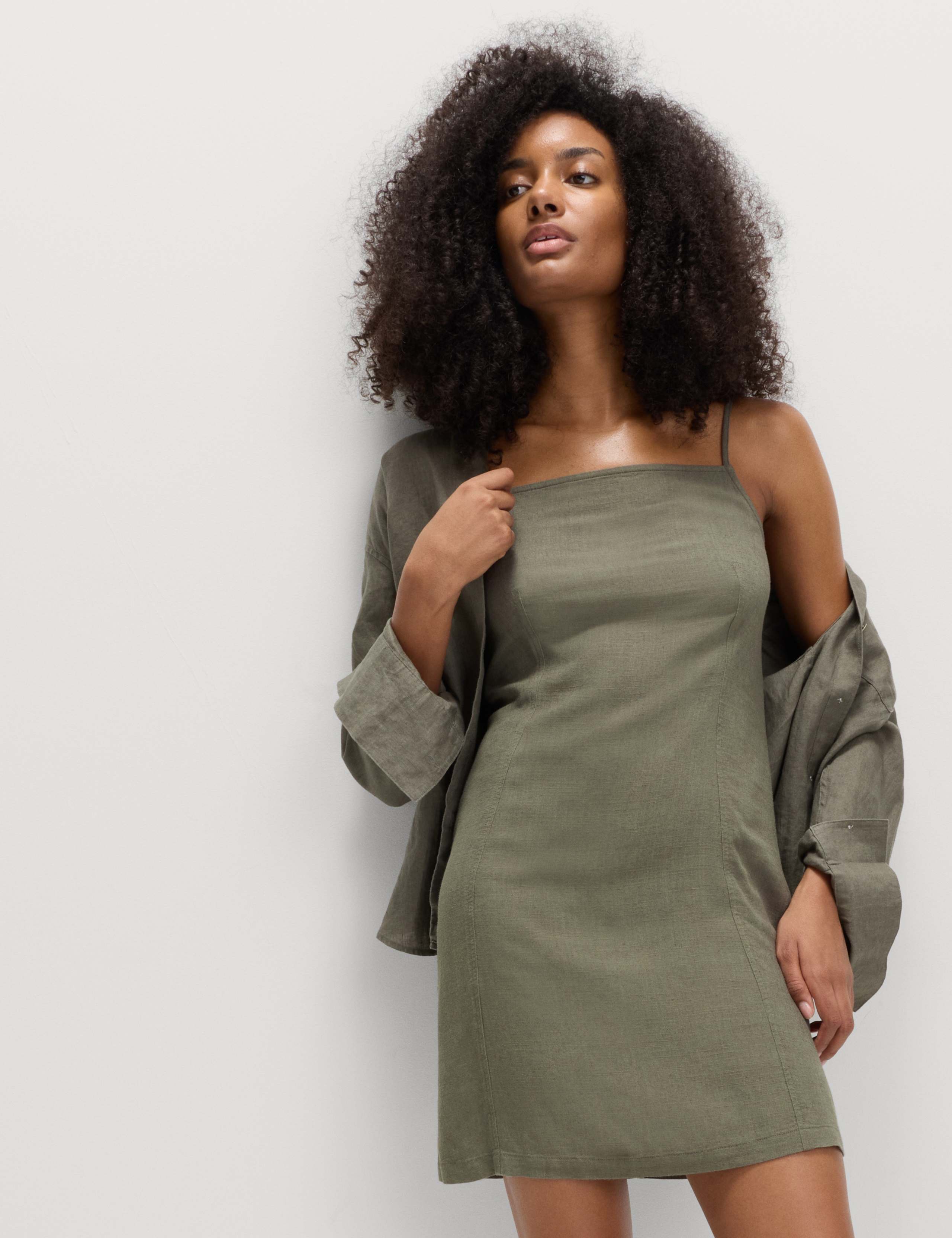 Square Neck Mini Shift Dress with Linen