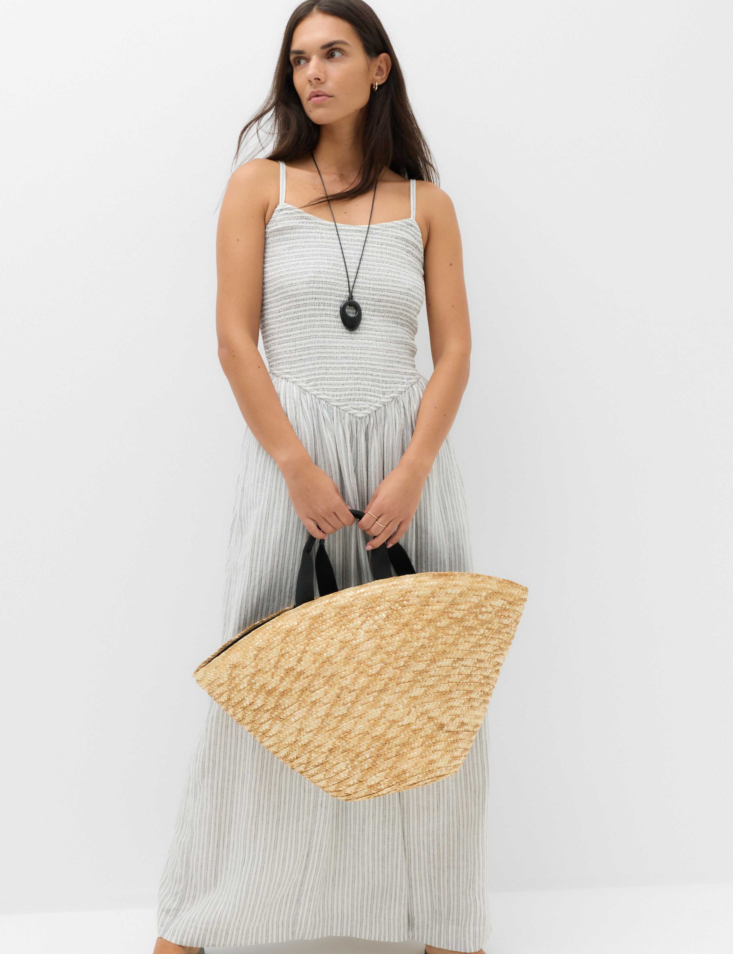 Linen Rich Shirred Maxi Shift Dress
