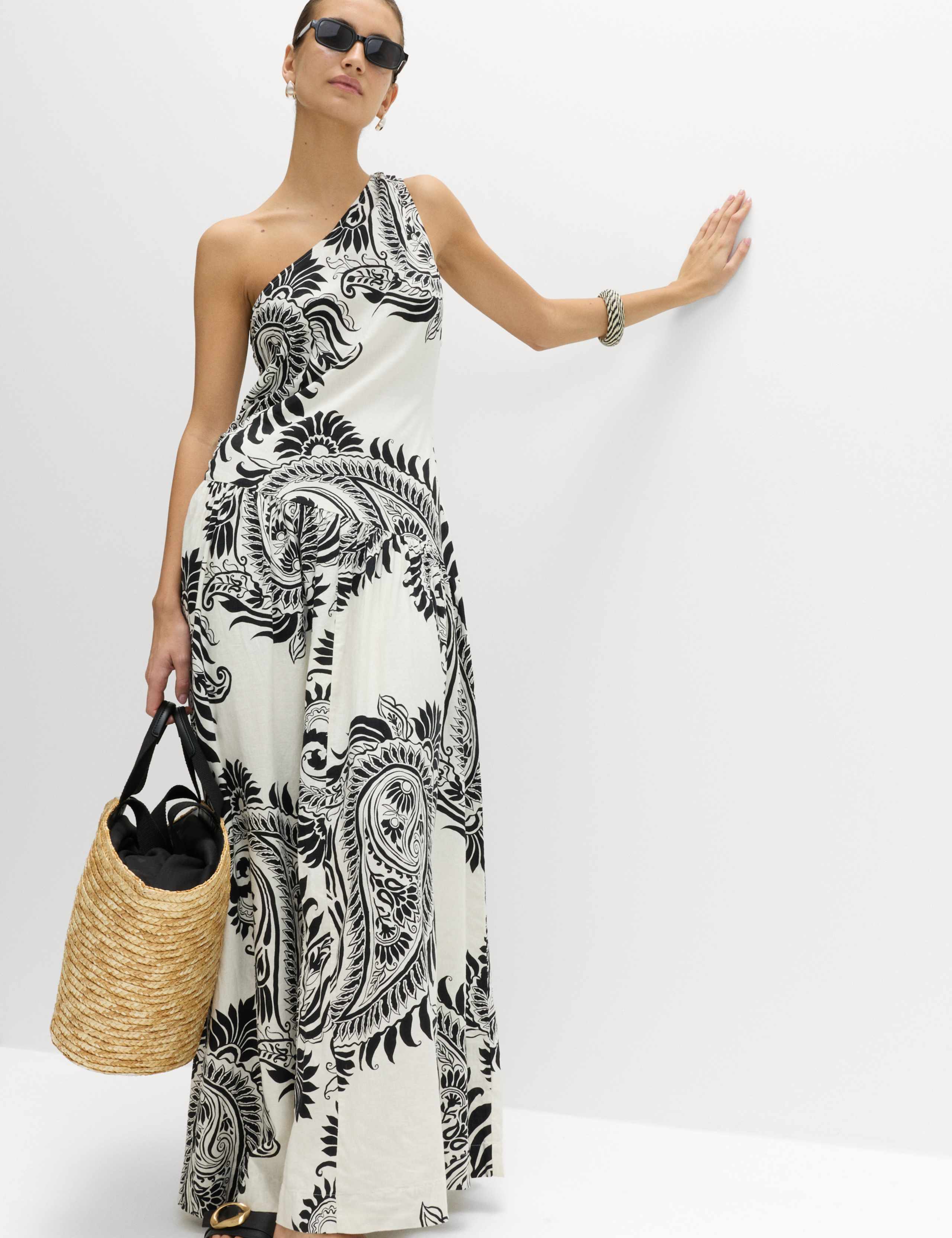 Linen Rich One Shoulder Maxi Shift Dress