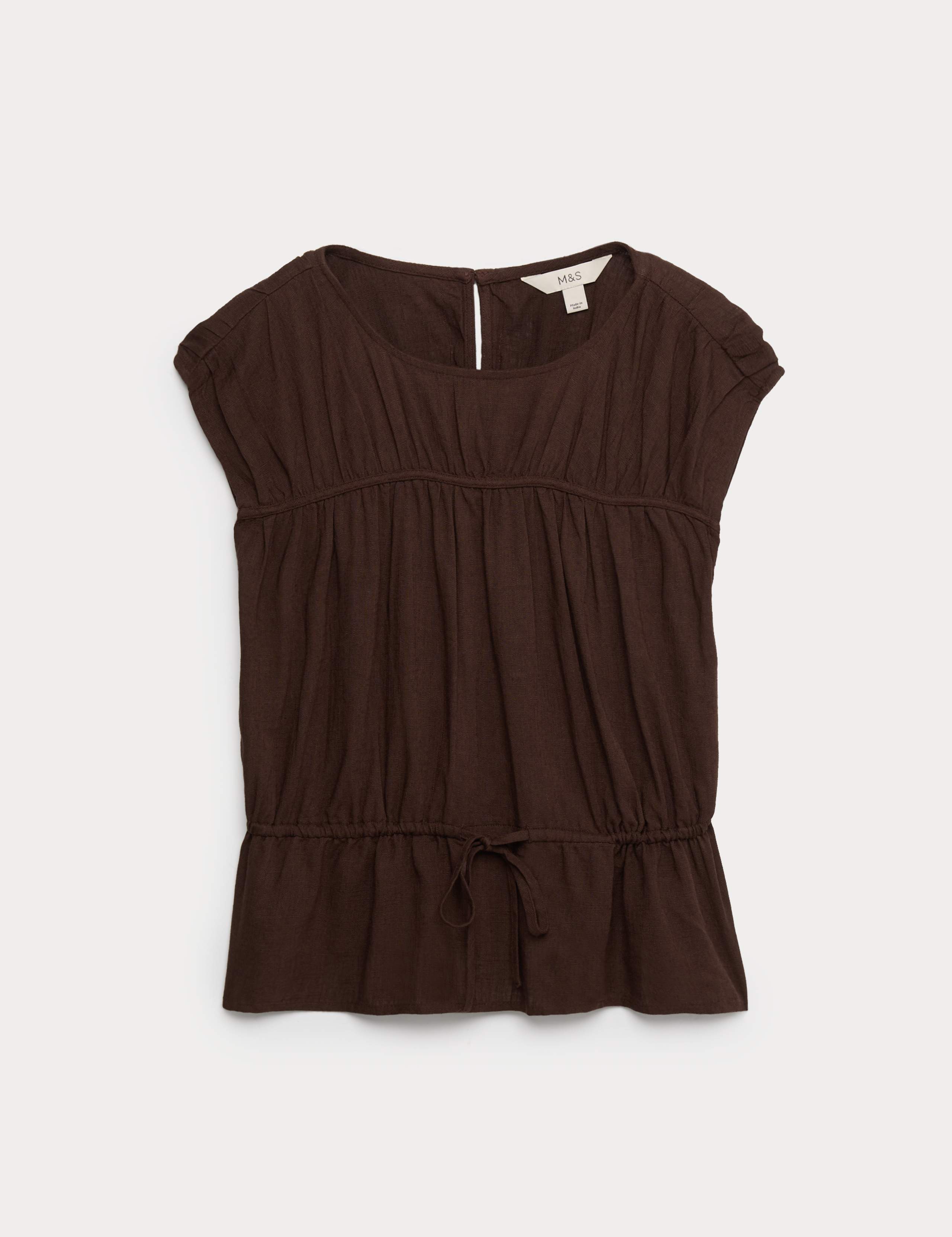 Ruched Scoop Neck Regular Fit Top with Linen