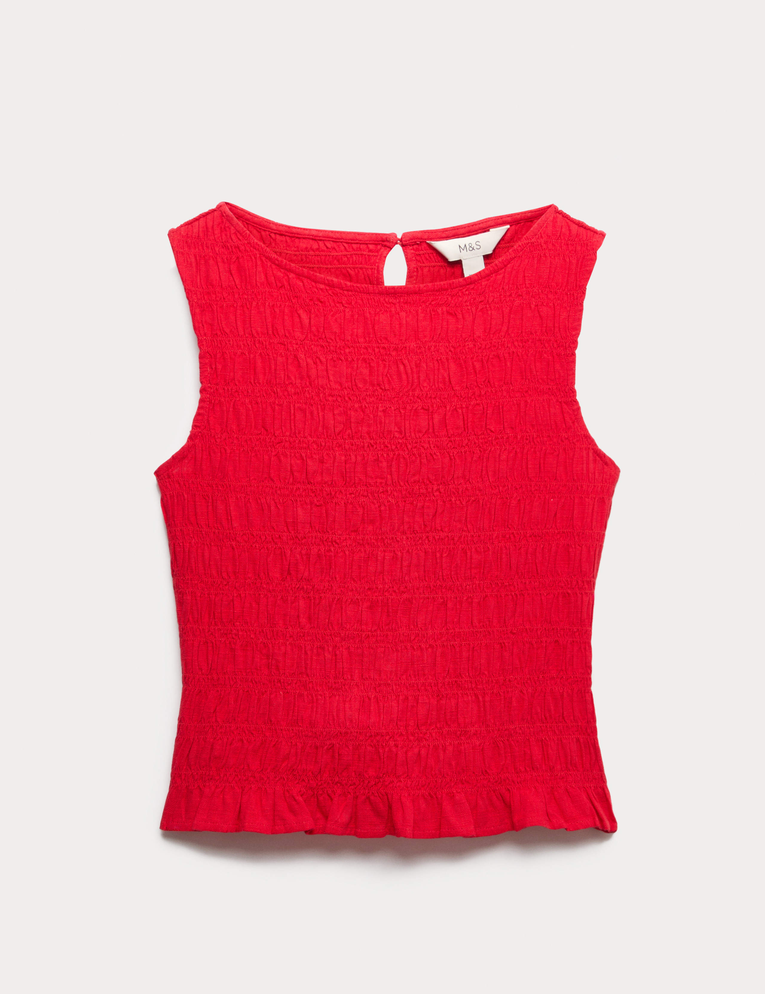 Slash Neck Shirred Top with Linen