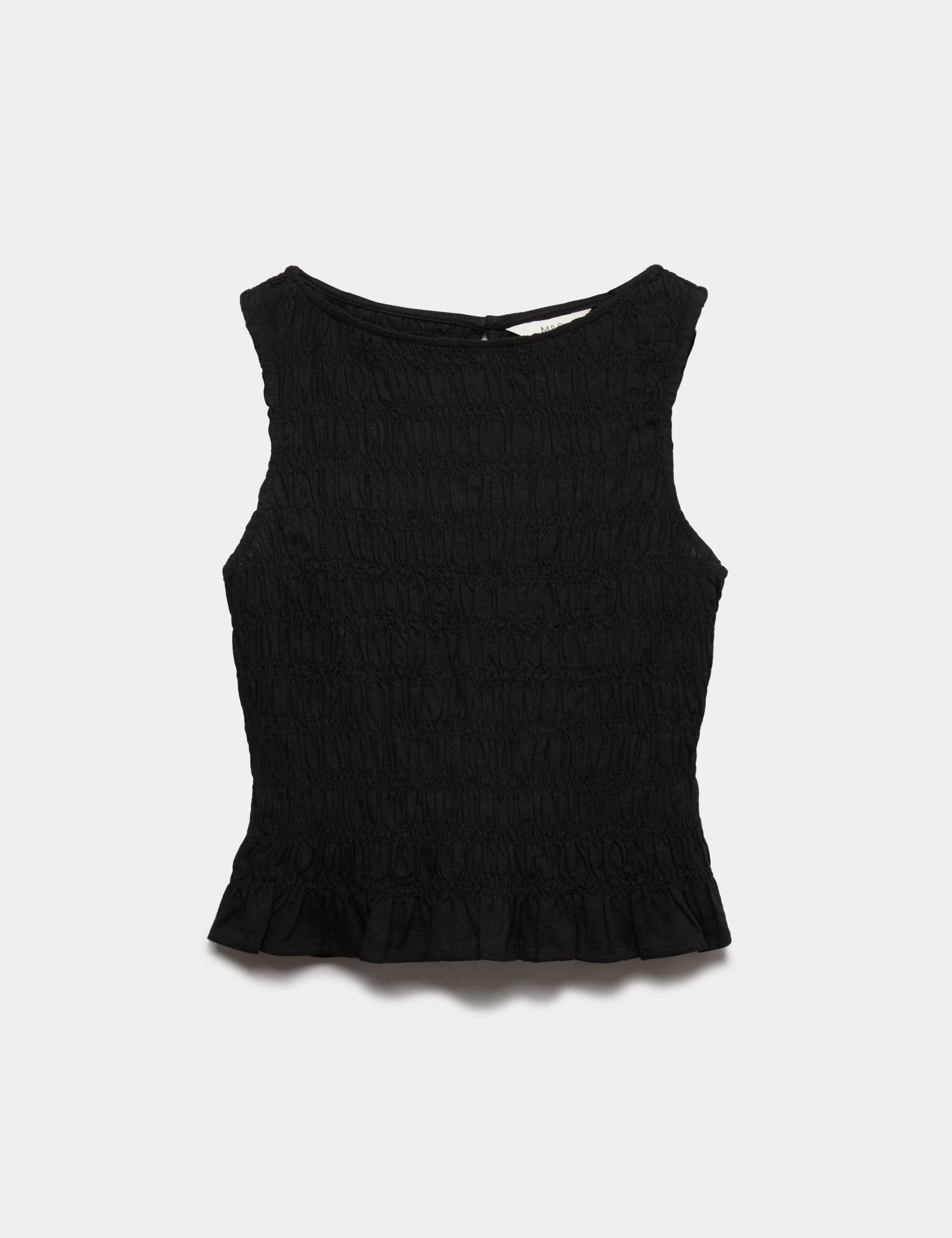 Slash Neck Shirred Top with Linen