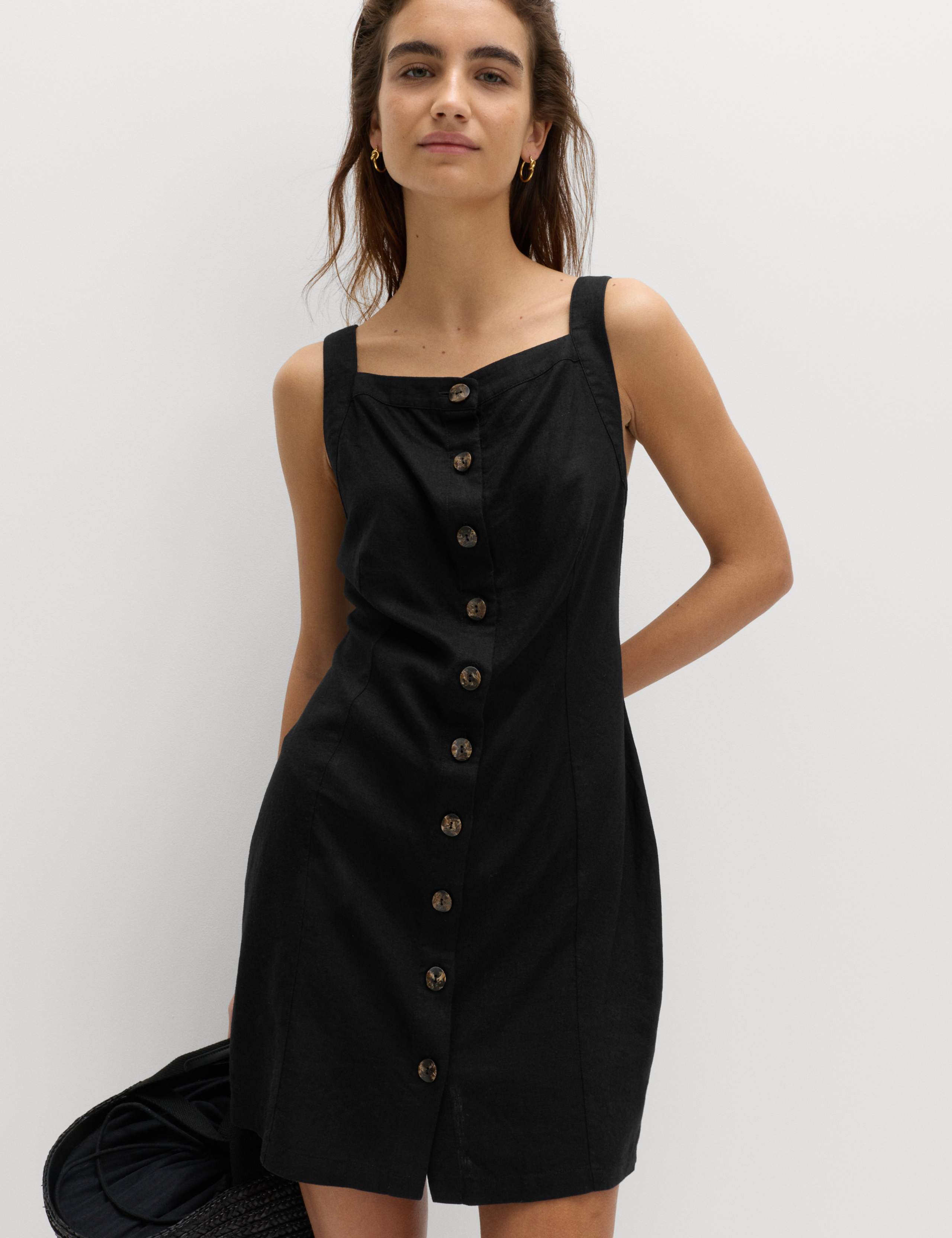 Linen Rich Button Through Mini Shift Dress