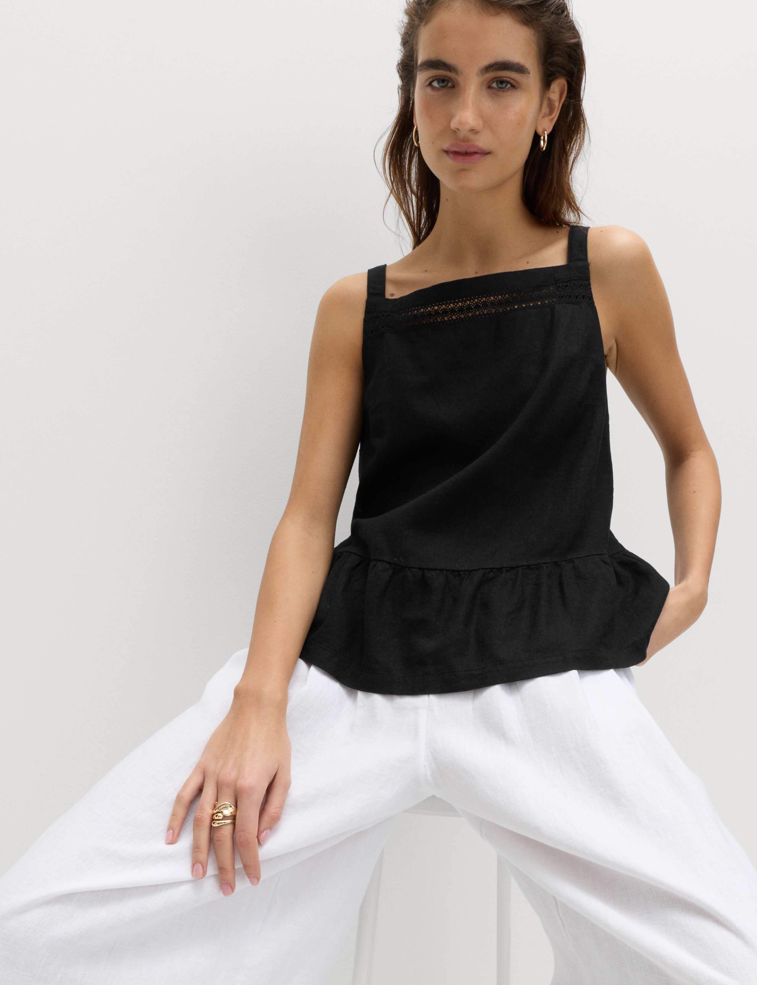 Linen Rich Square Neck Lace Insert Top