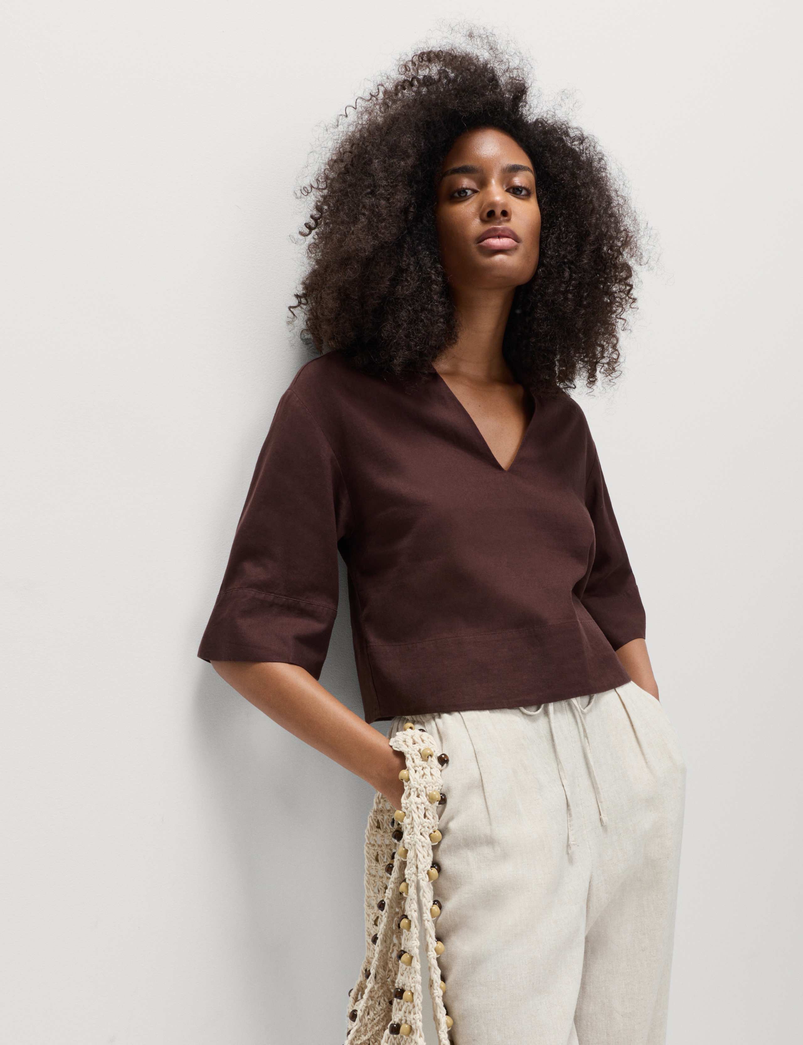 Linen Rich Collared Popover Crop Top