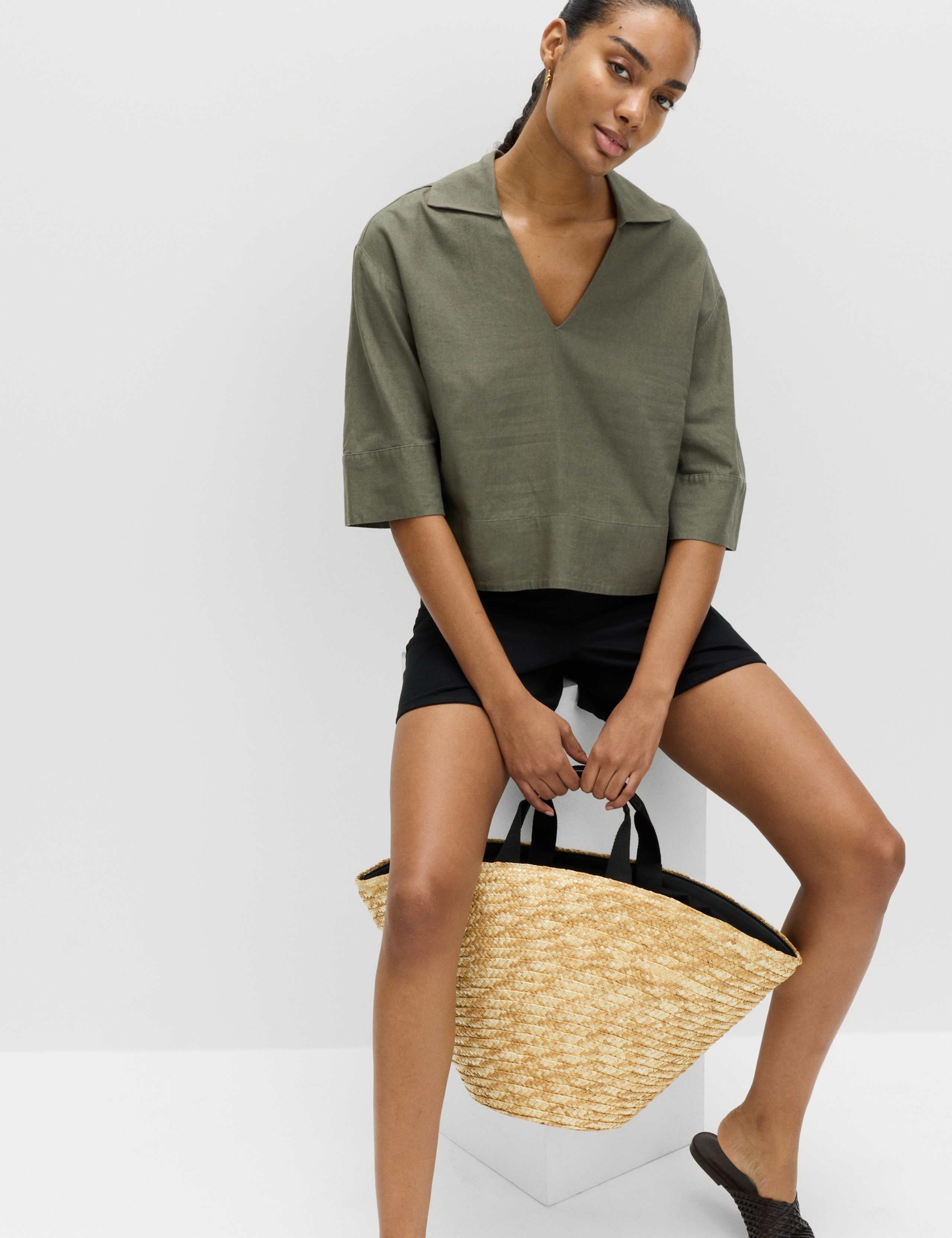 Linen Rich Collared Popover Crop Top