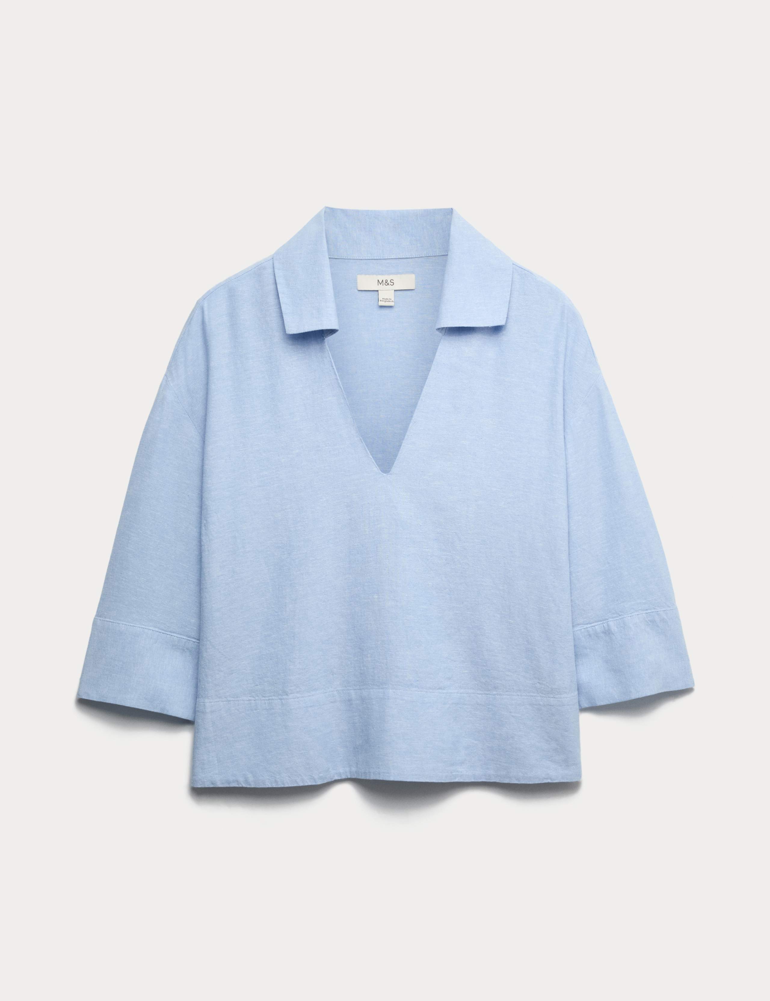 Linen Rich Collared V-Neck Popover Top