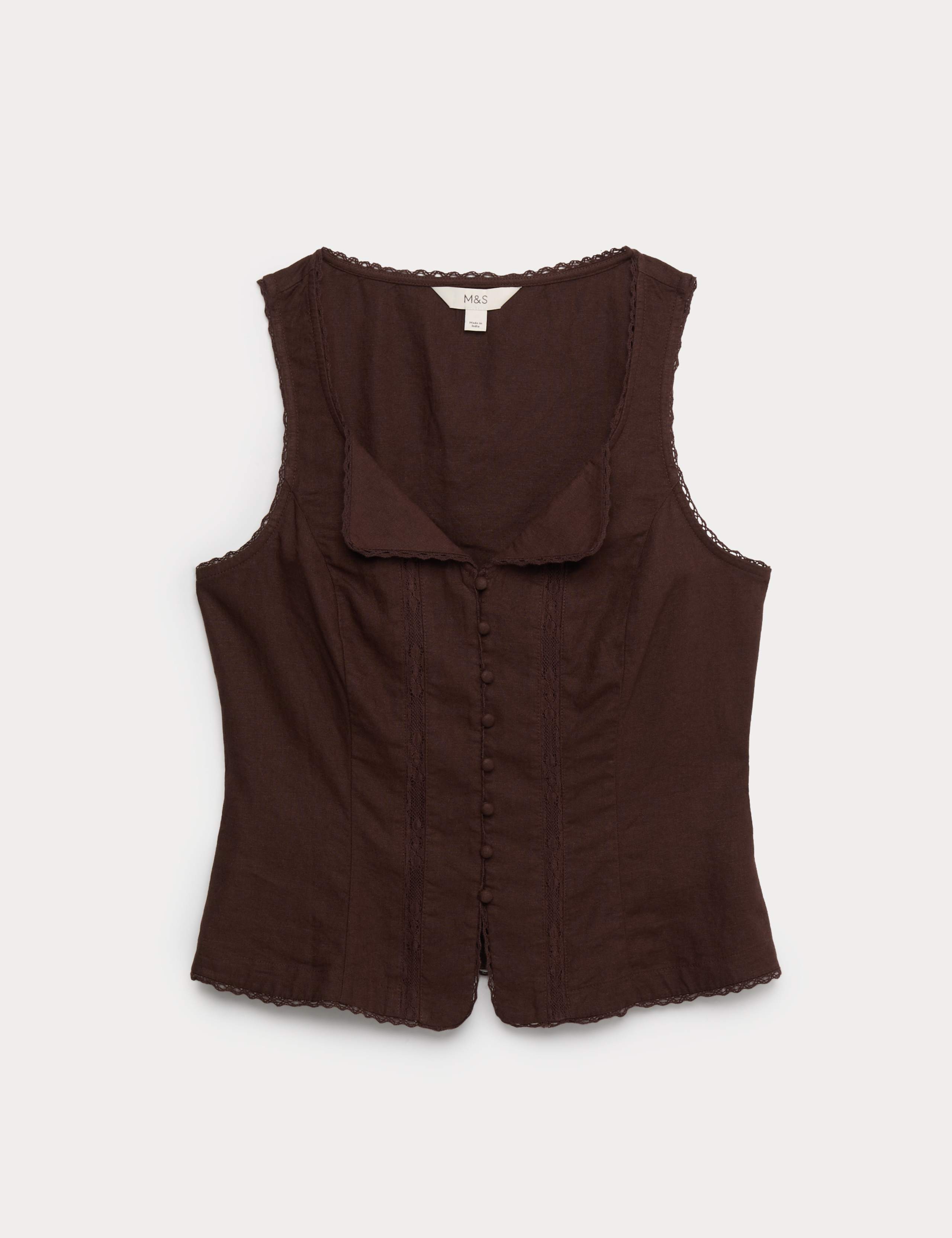 Linen Rich Lace Insert Button Detail Blouse