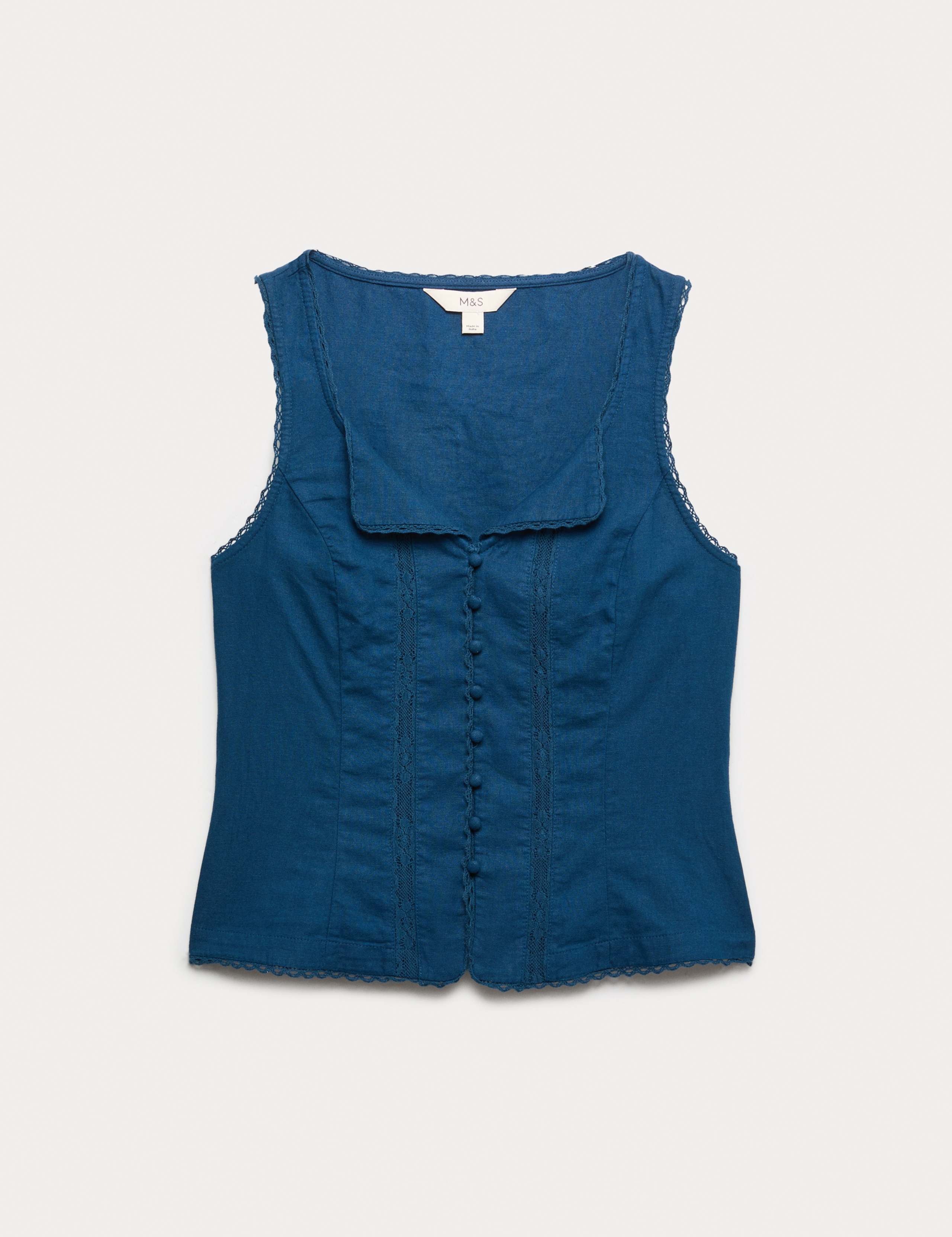 Linen Rich Lace Insert Button Detail Blouse