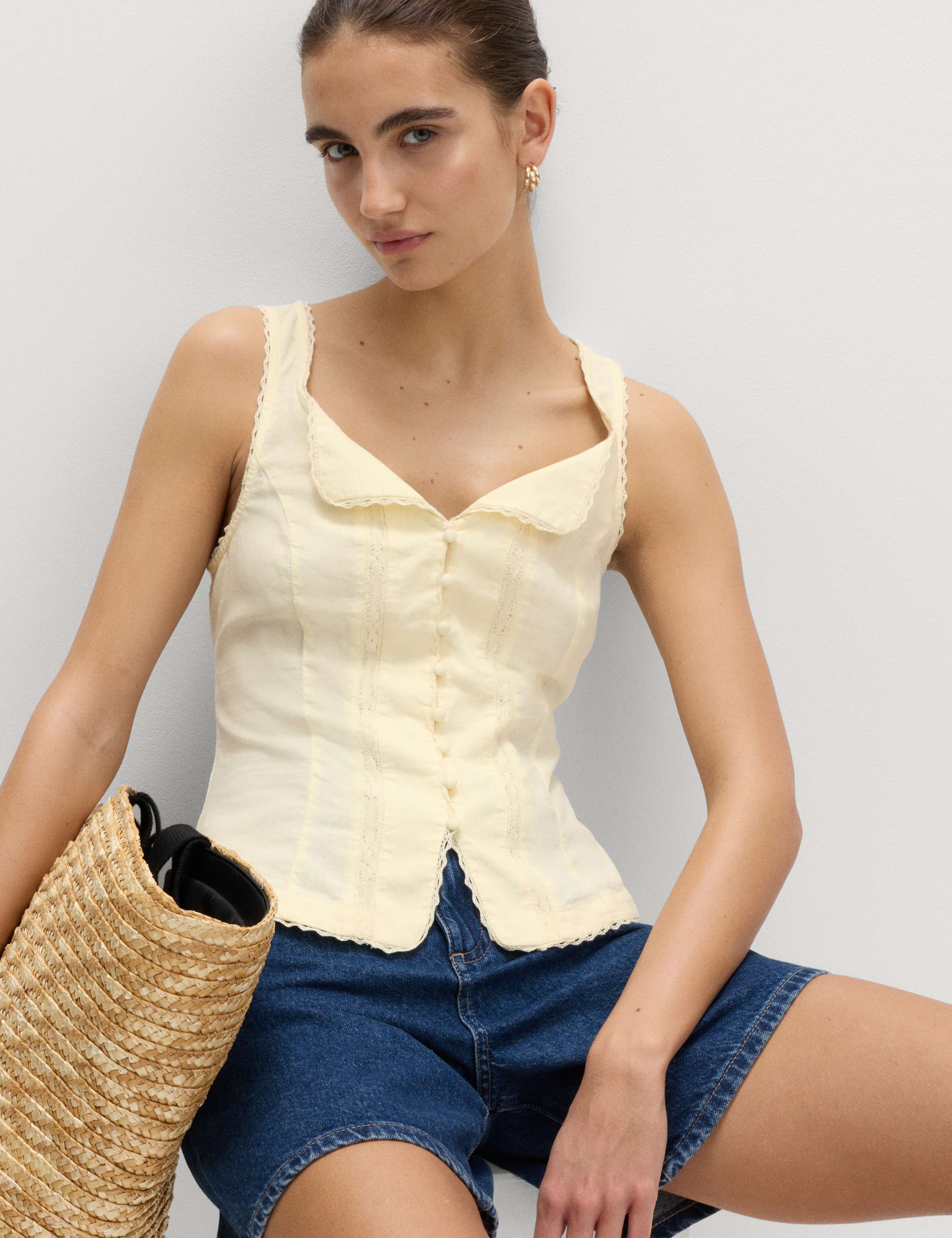 Linen Rich Lace Insert Button Detail Blouse