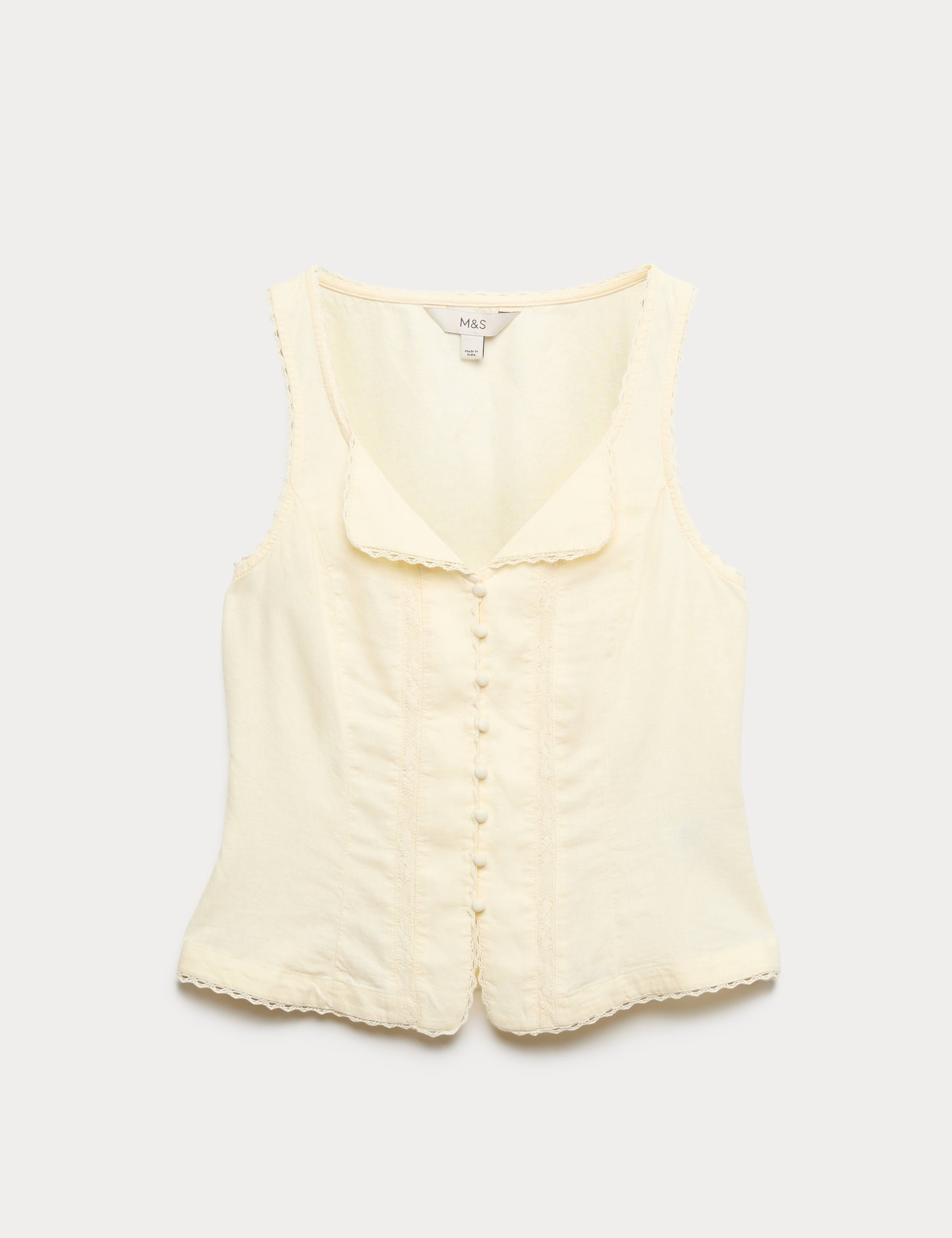 Linen Rich Lace Insert Button Detail Blouse