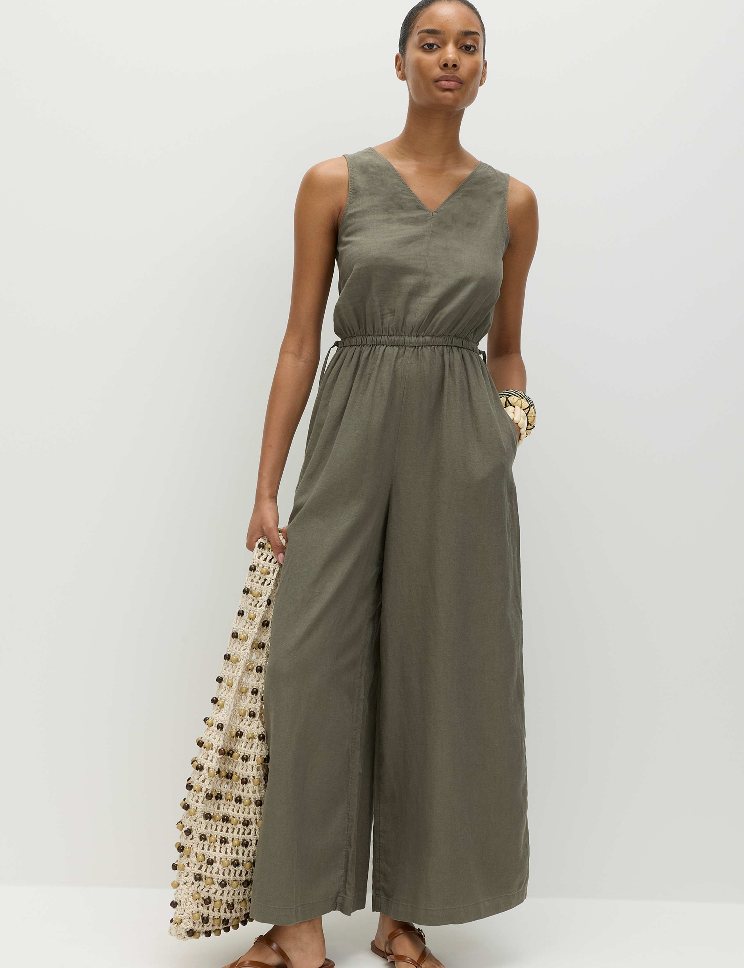 Linen Rich Tie Detail Sleeveless Jumpsuit