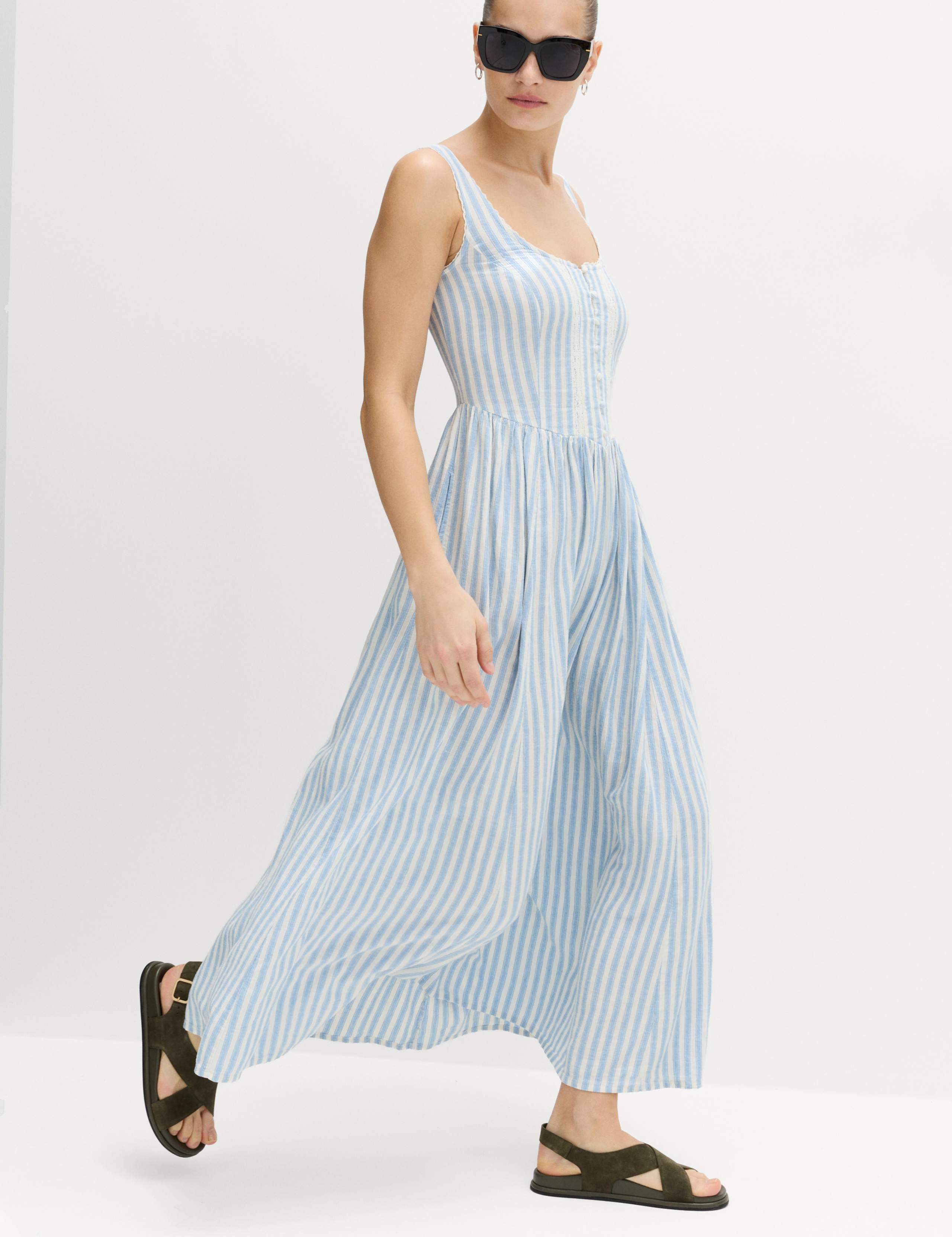 Linen Rich Lace Insert Strappy Midi Shift Dress