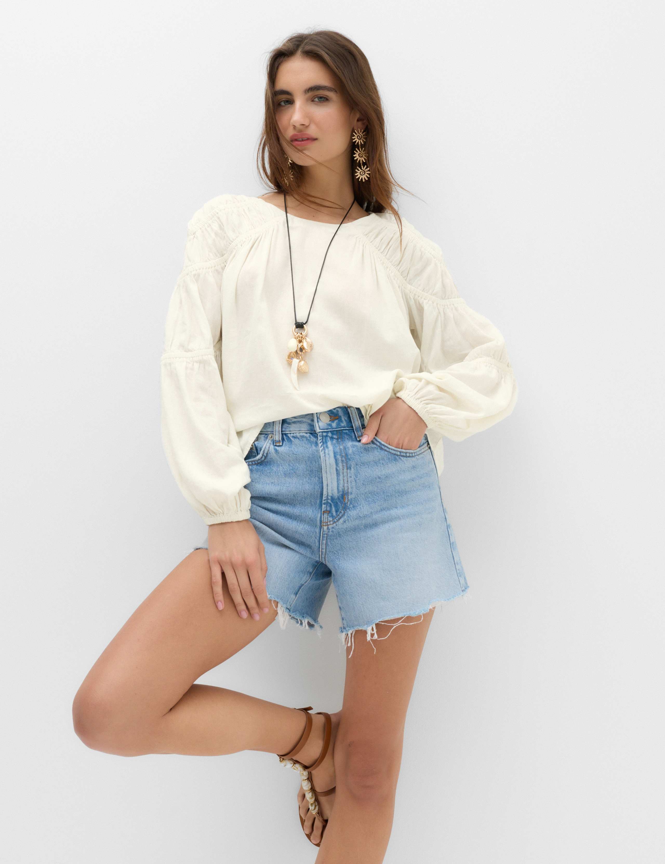 Linen Blend Relaxed Shirred Top