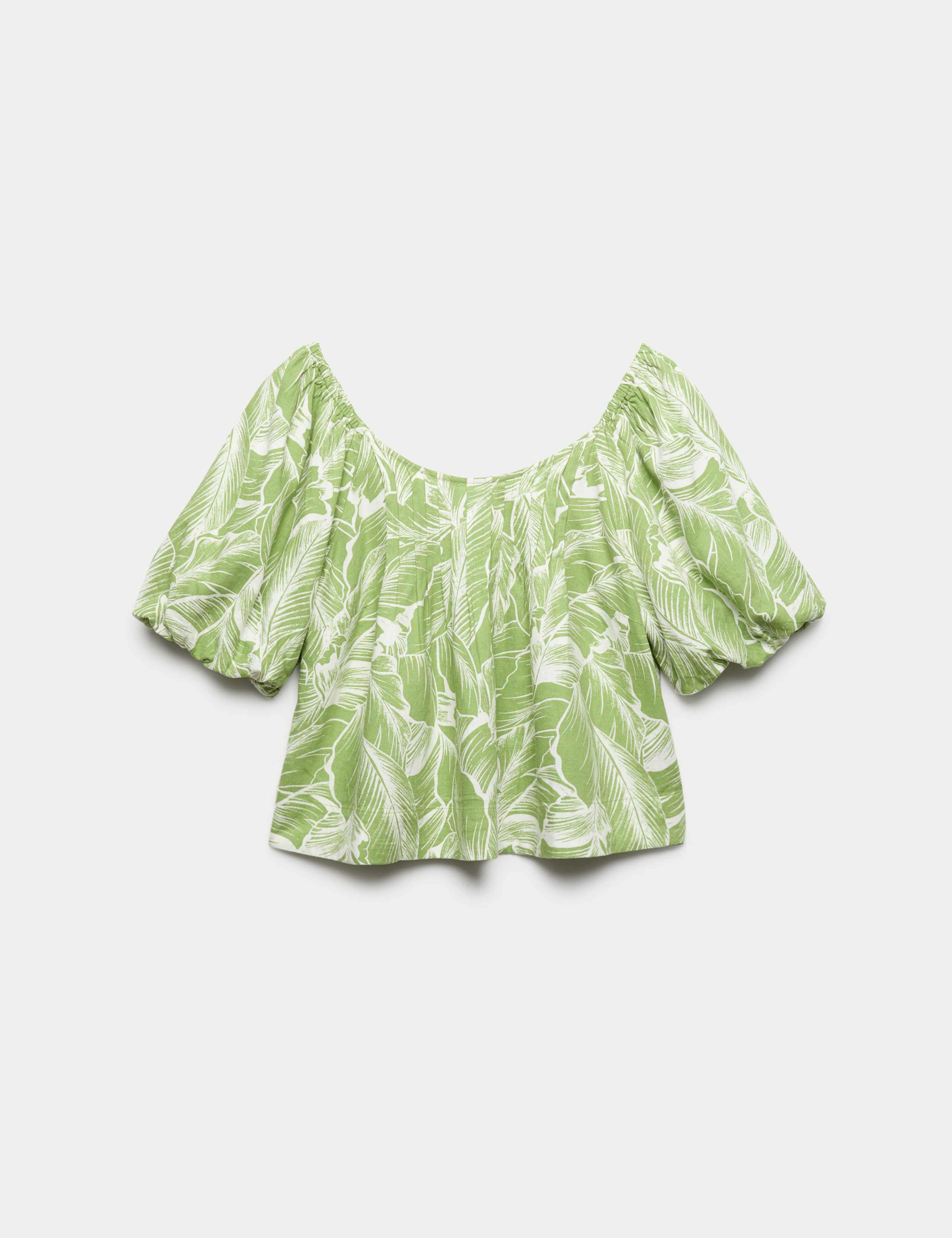 Linen Rich Pleated Puff Sleeve Top