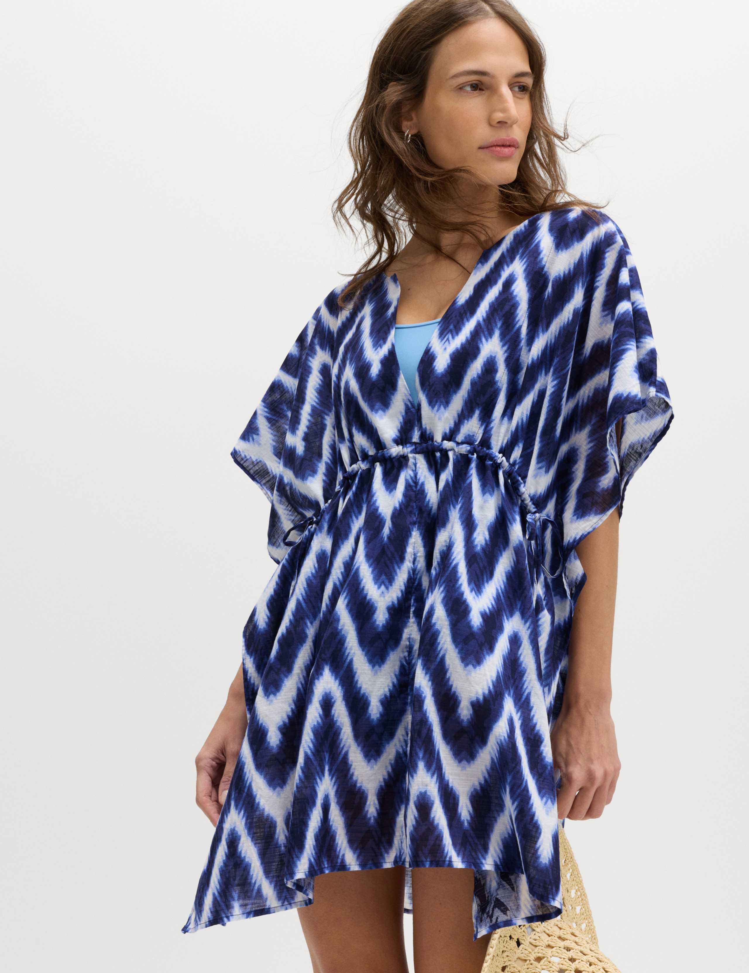 Pure Cotton Printed V-Neck Mini Kaftan Dress