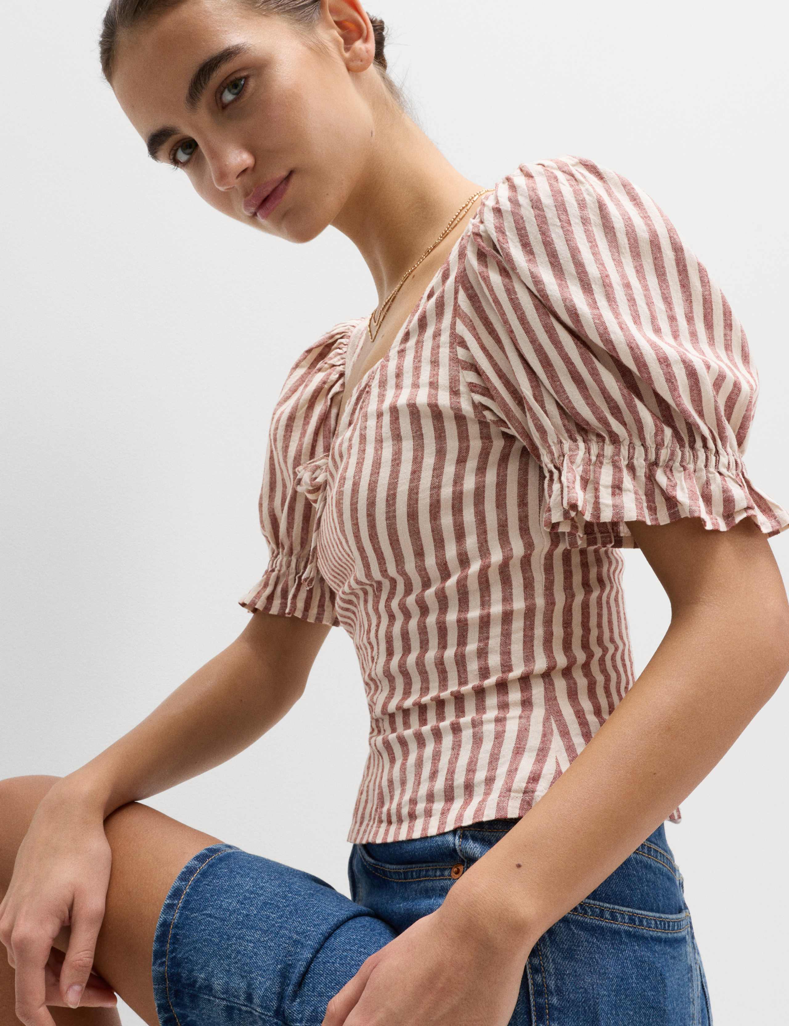 Linen Rich Printed Sweetheart Neck Top