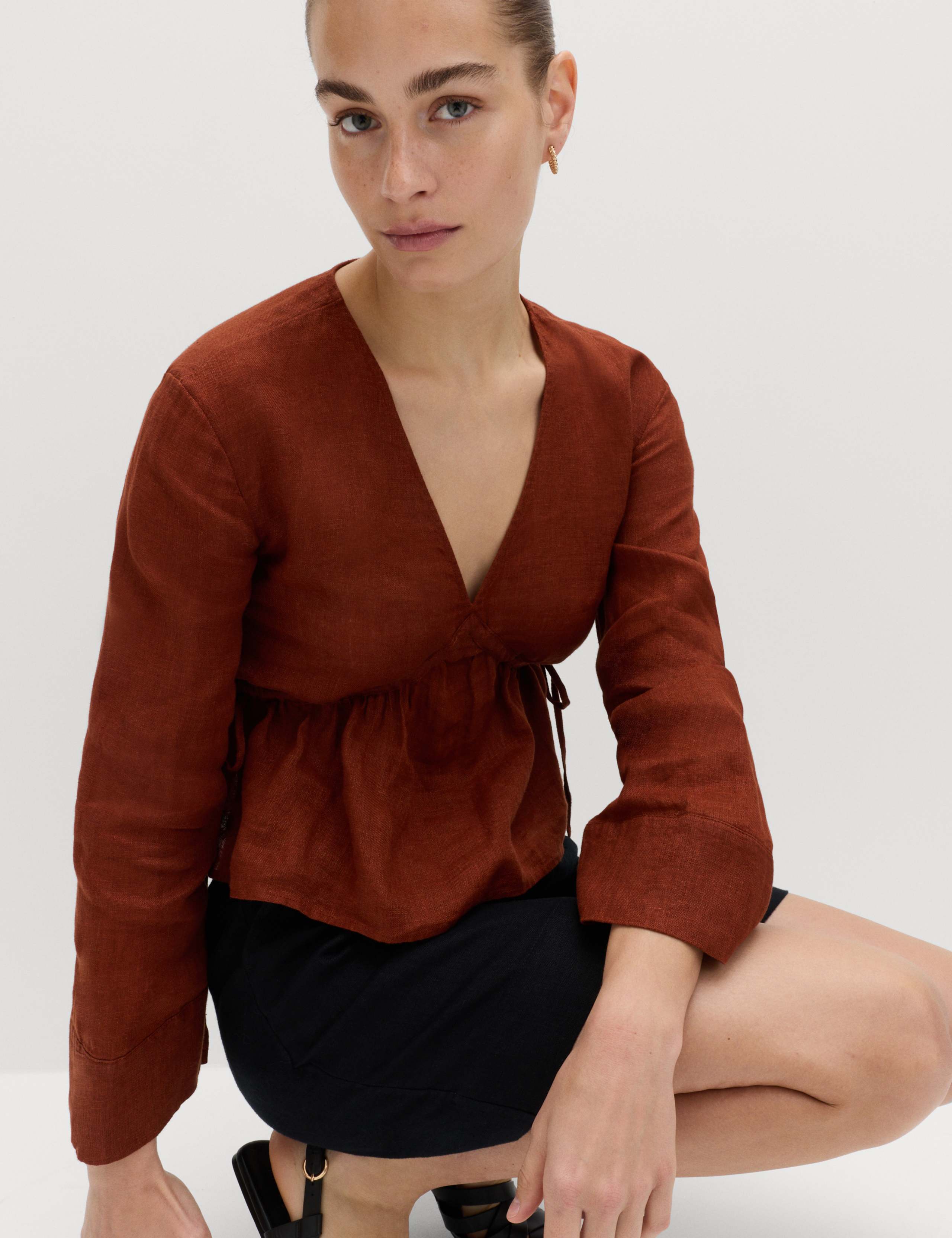 Pure Linen V-Neck Peplum Top
