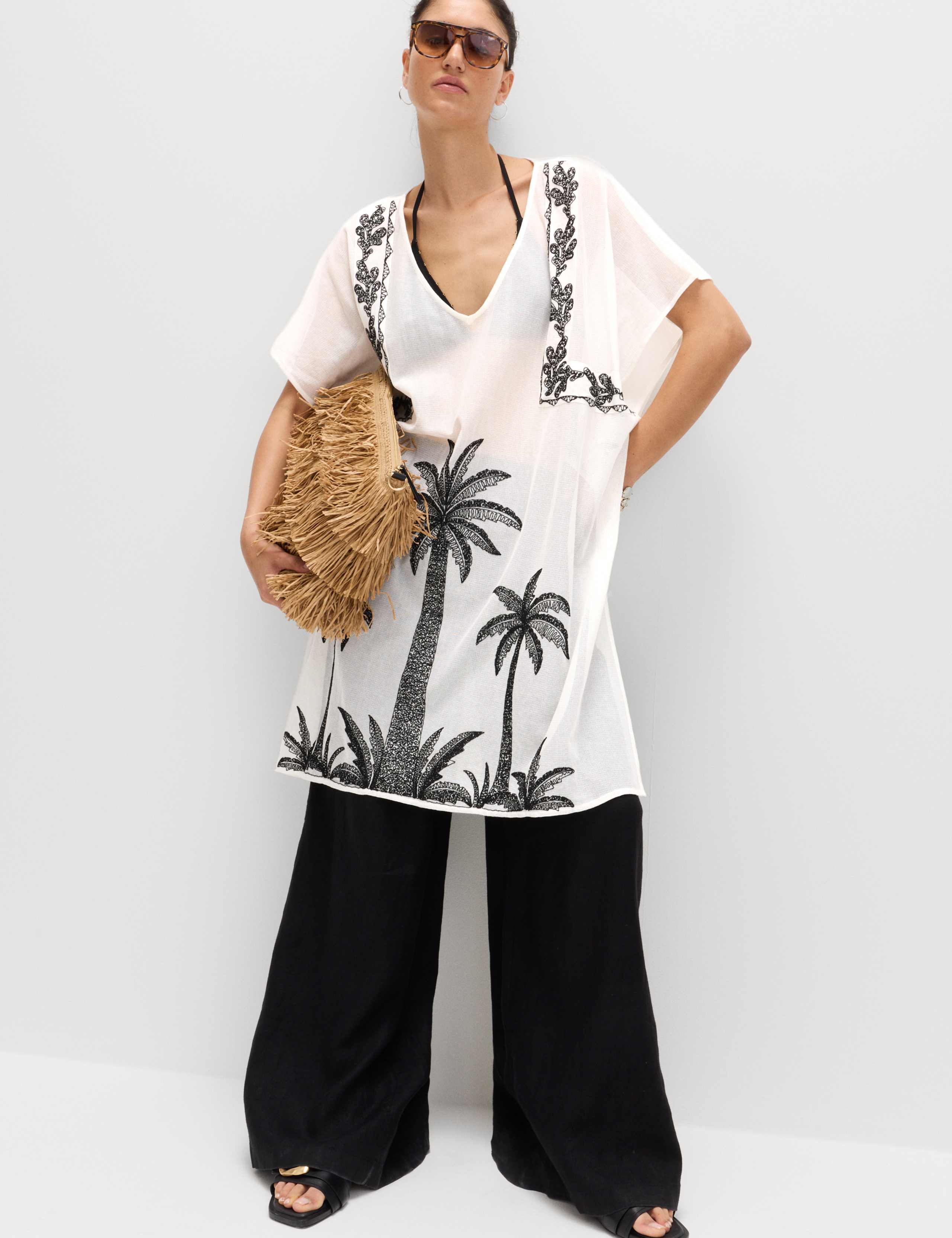 Cotton Rich Embroidered Mini Kaftan Dress