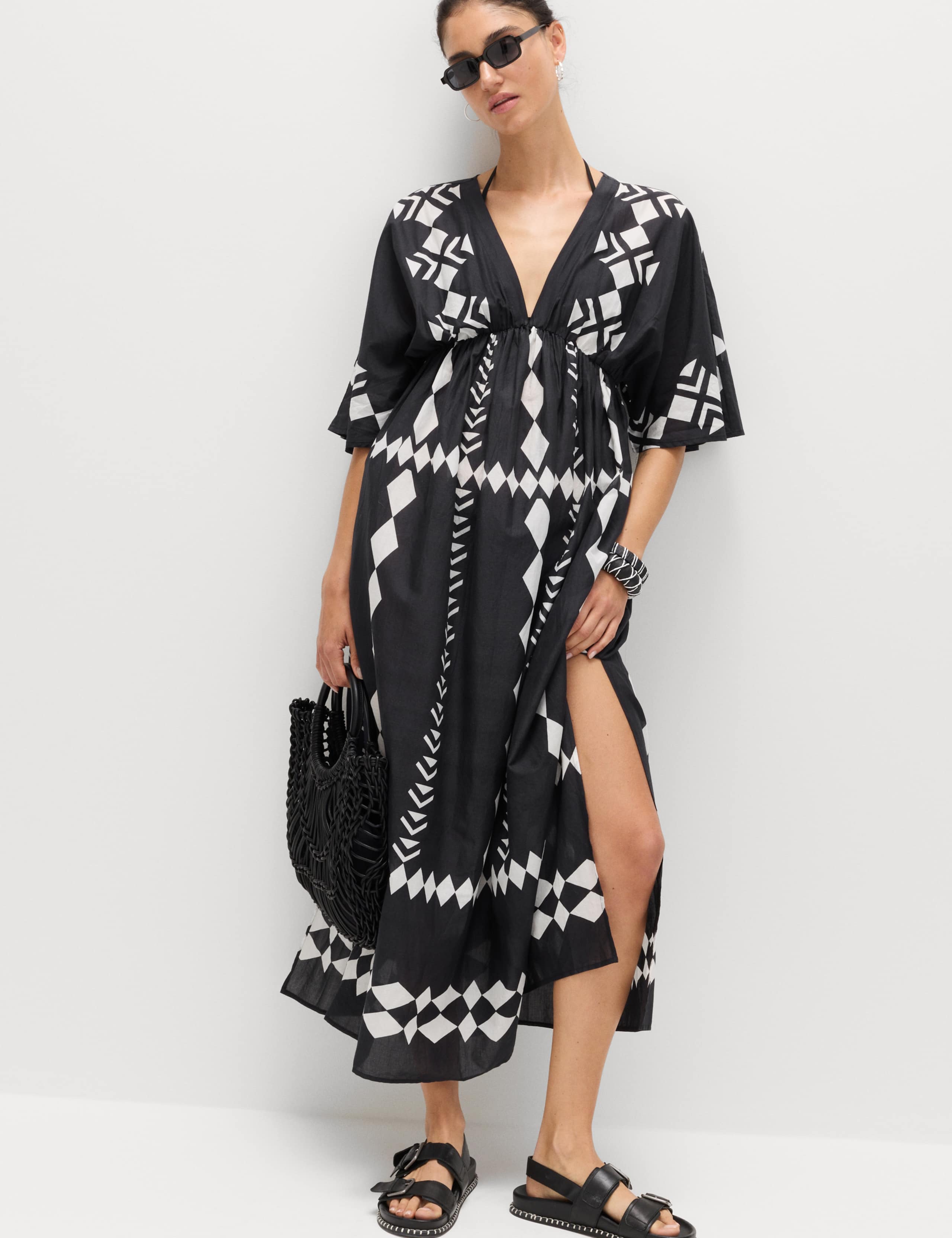 Pure Cotton Printed V-Neck Sheer Kaftan