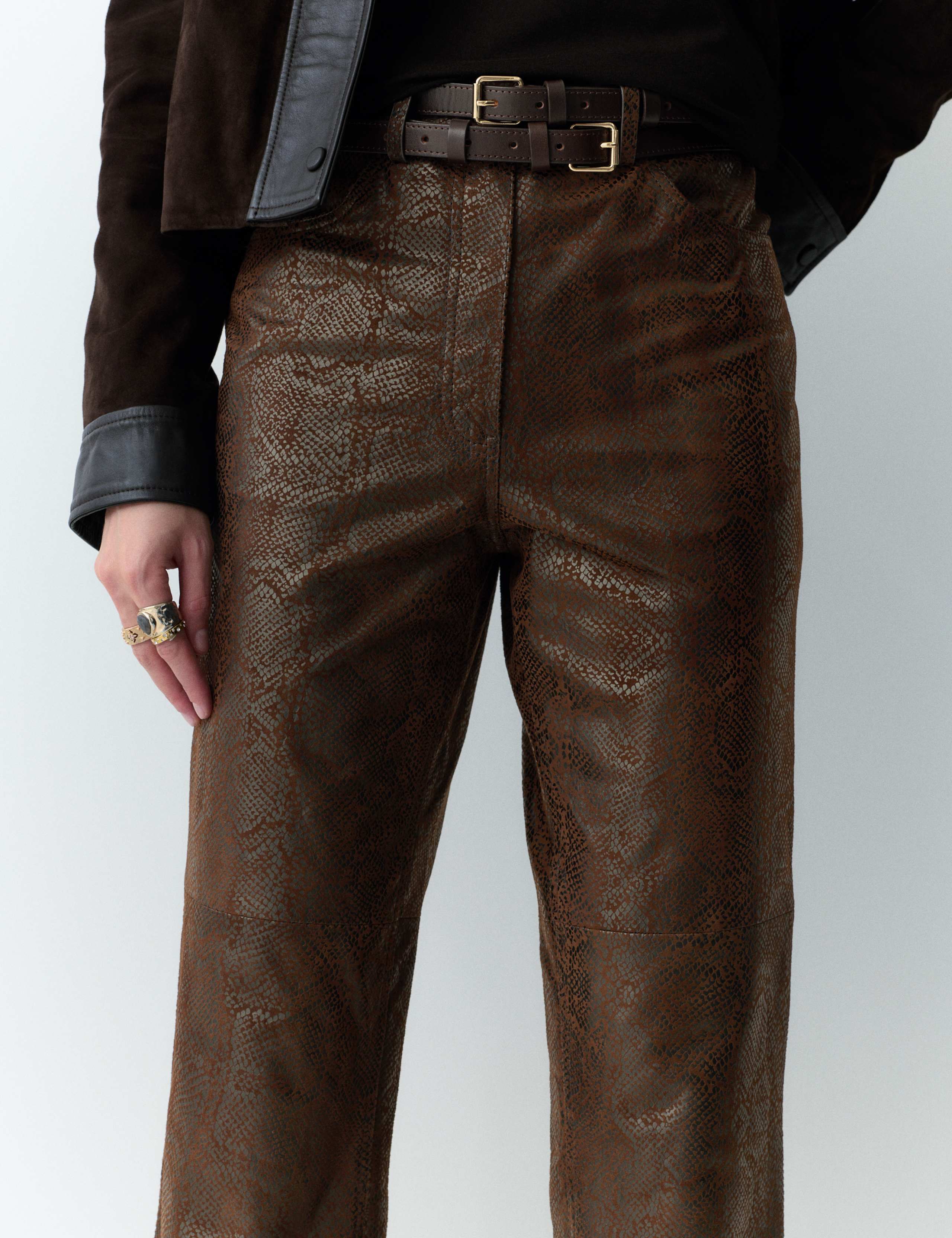Leather Snake Print Straight Leg Trousers