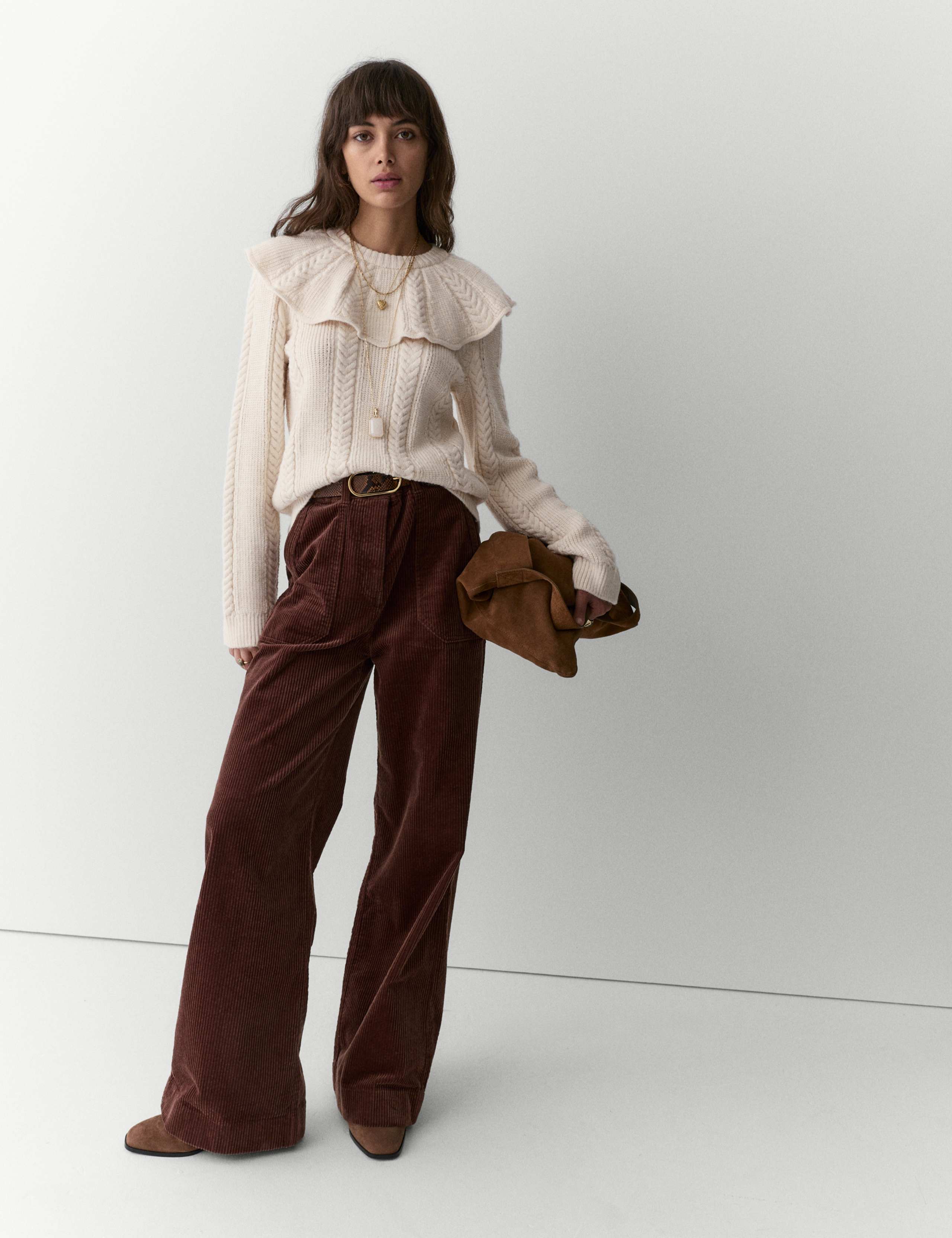 Cable Knit Round Neck Frill Cape Collar Jumper