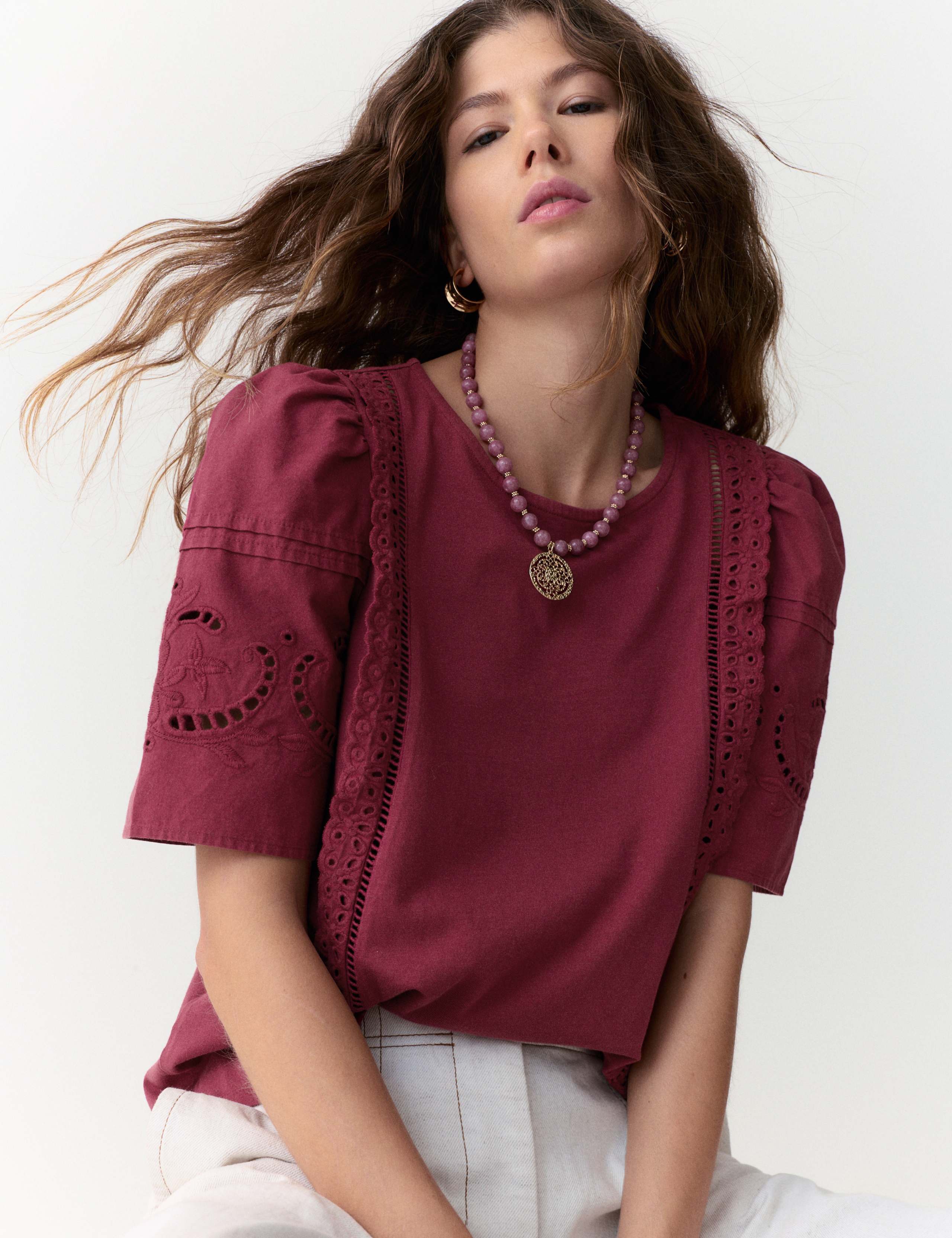 Pure Cotton Embroidered Lace Trim Top