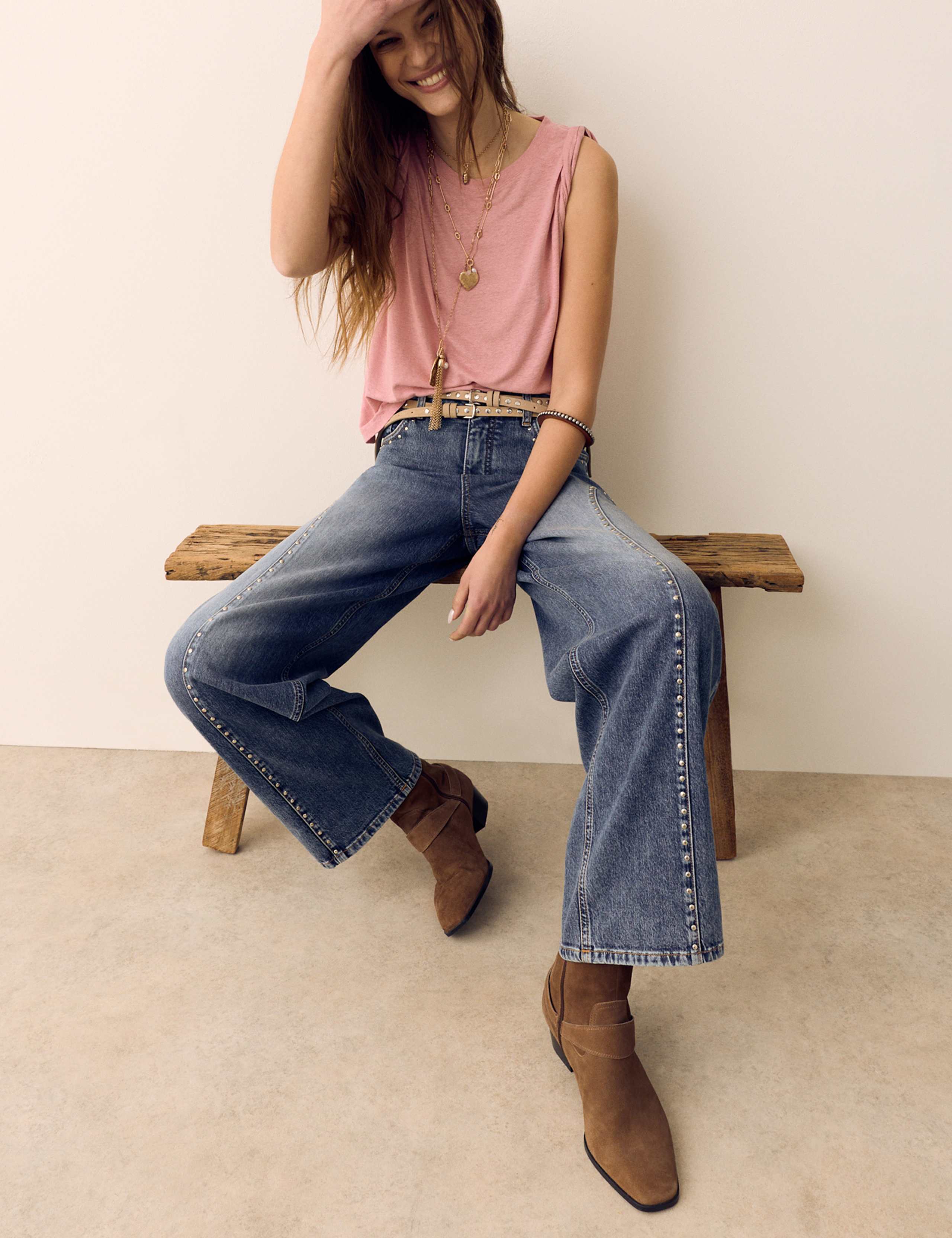 Linen Blend Pleated Shoulder Detail Muscle Top