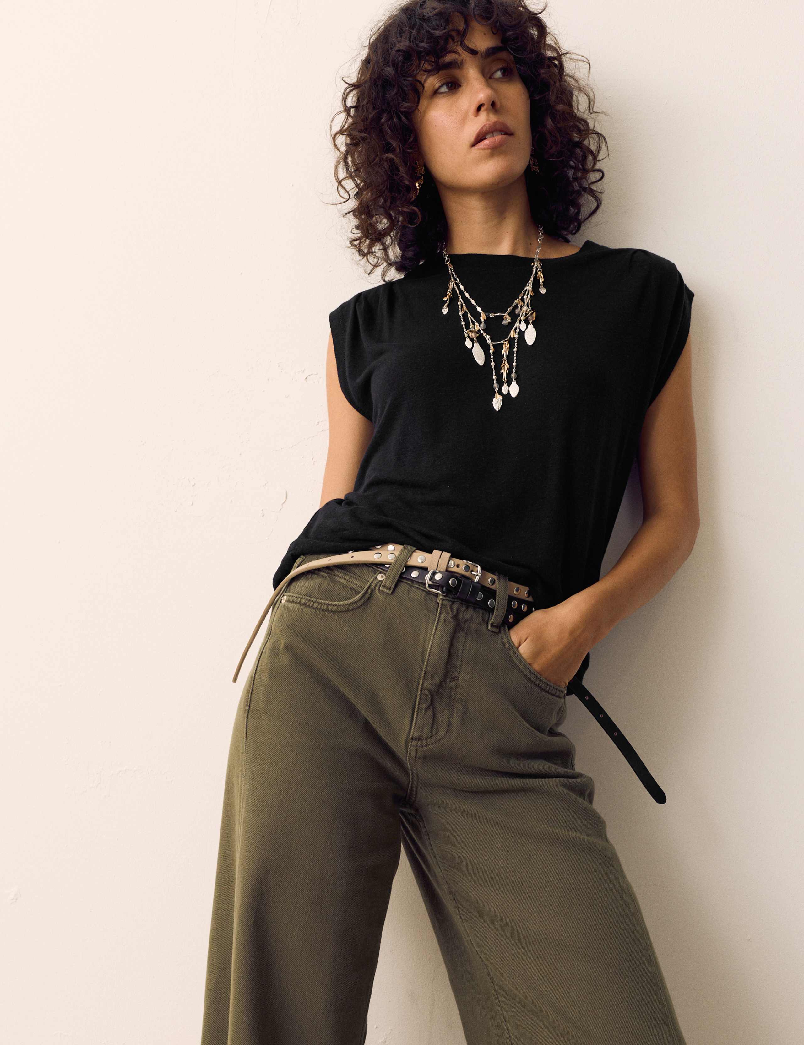 Linen Blend Pleated Shoulder Detail Muscle Top