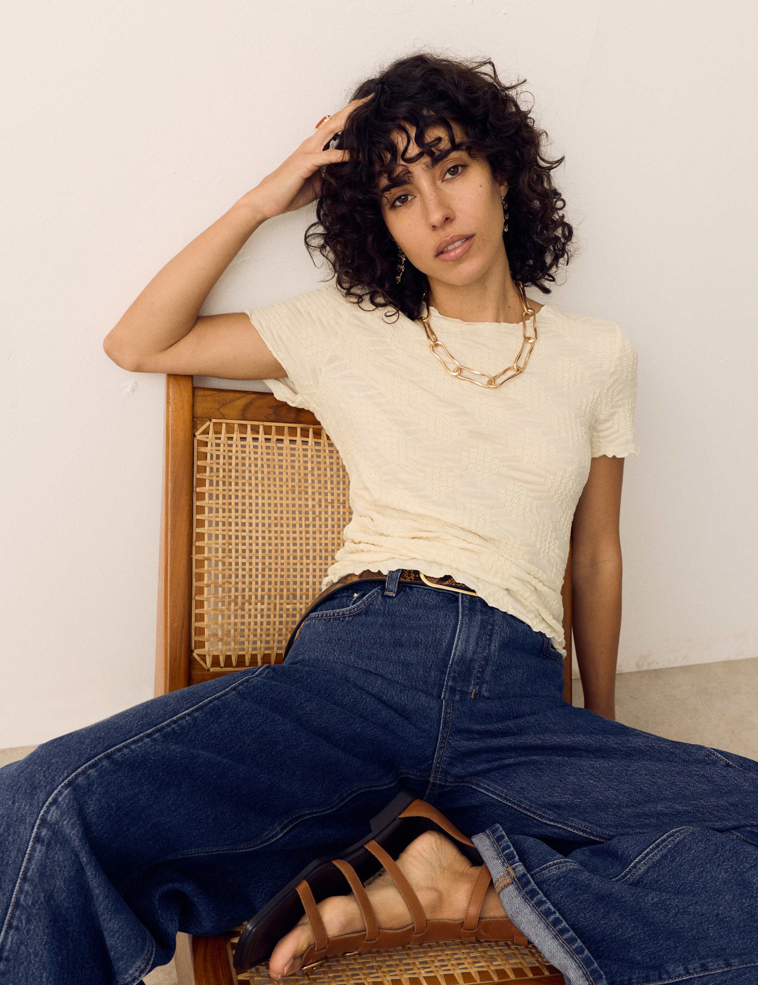 Cotton Rich Jersey Textured Relaxed Short Sleeve Top