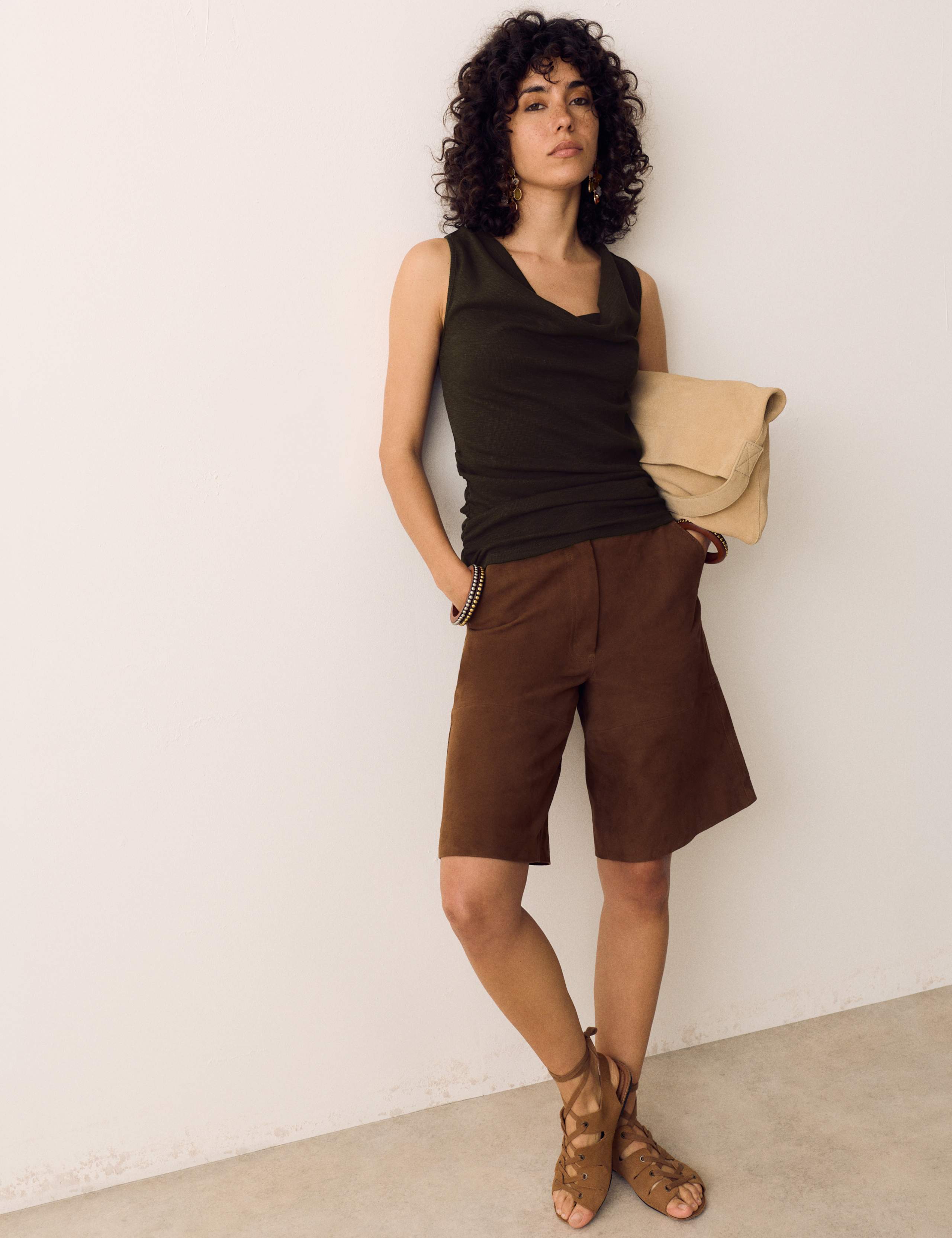 Cotton Rich Ribbed Ruched Cowl Neck Vest
