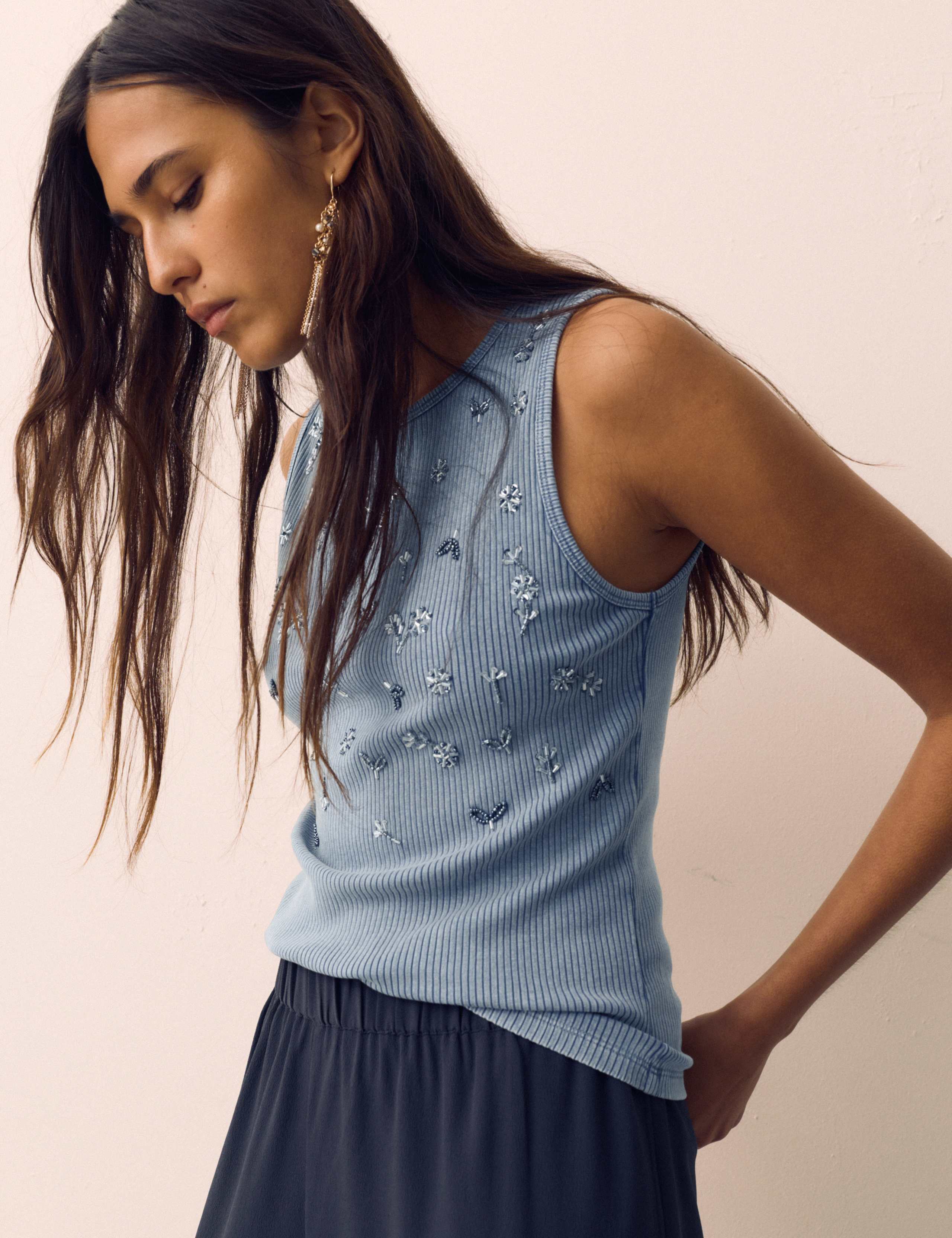 Cotton Rich Jersey Ribbed Embellished Vest