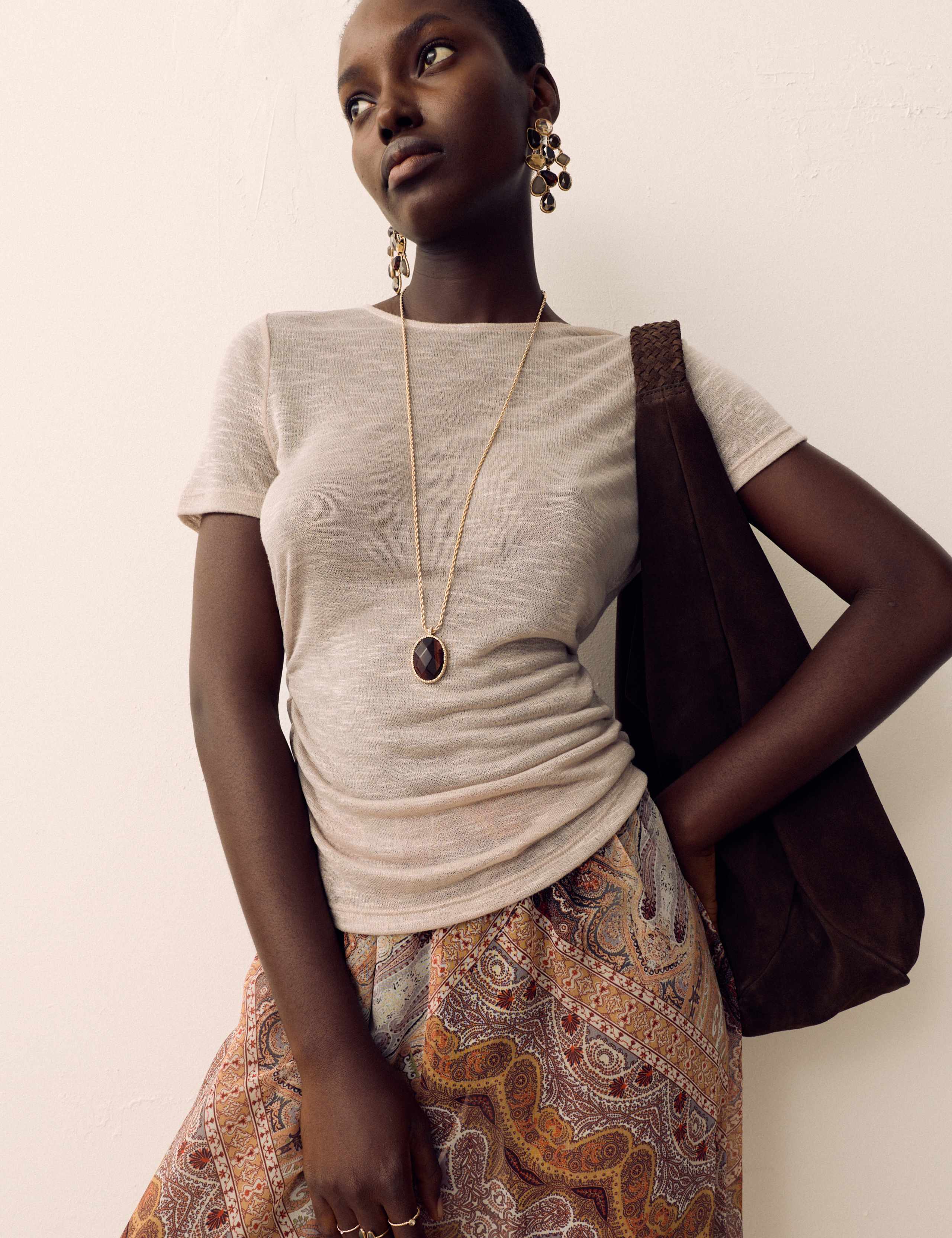 Slub Ruched Side Detail Short Sleeve Top