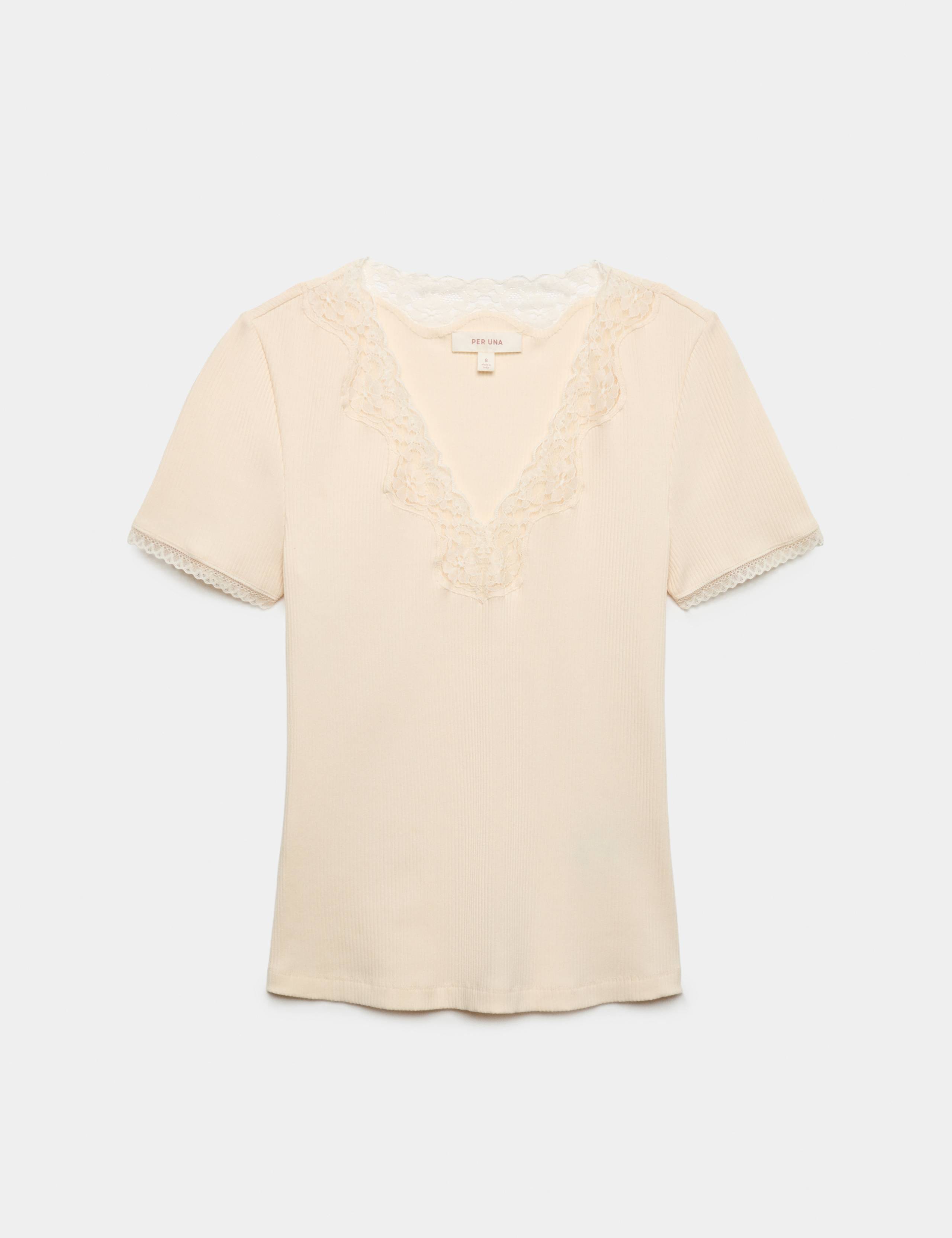 Lace Insert V-Neck Short Sleeve T-Shirt