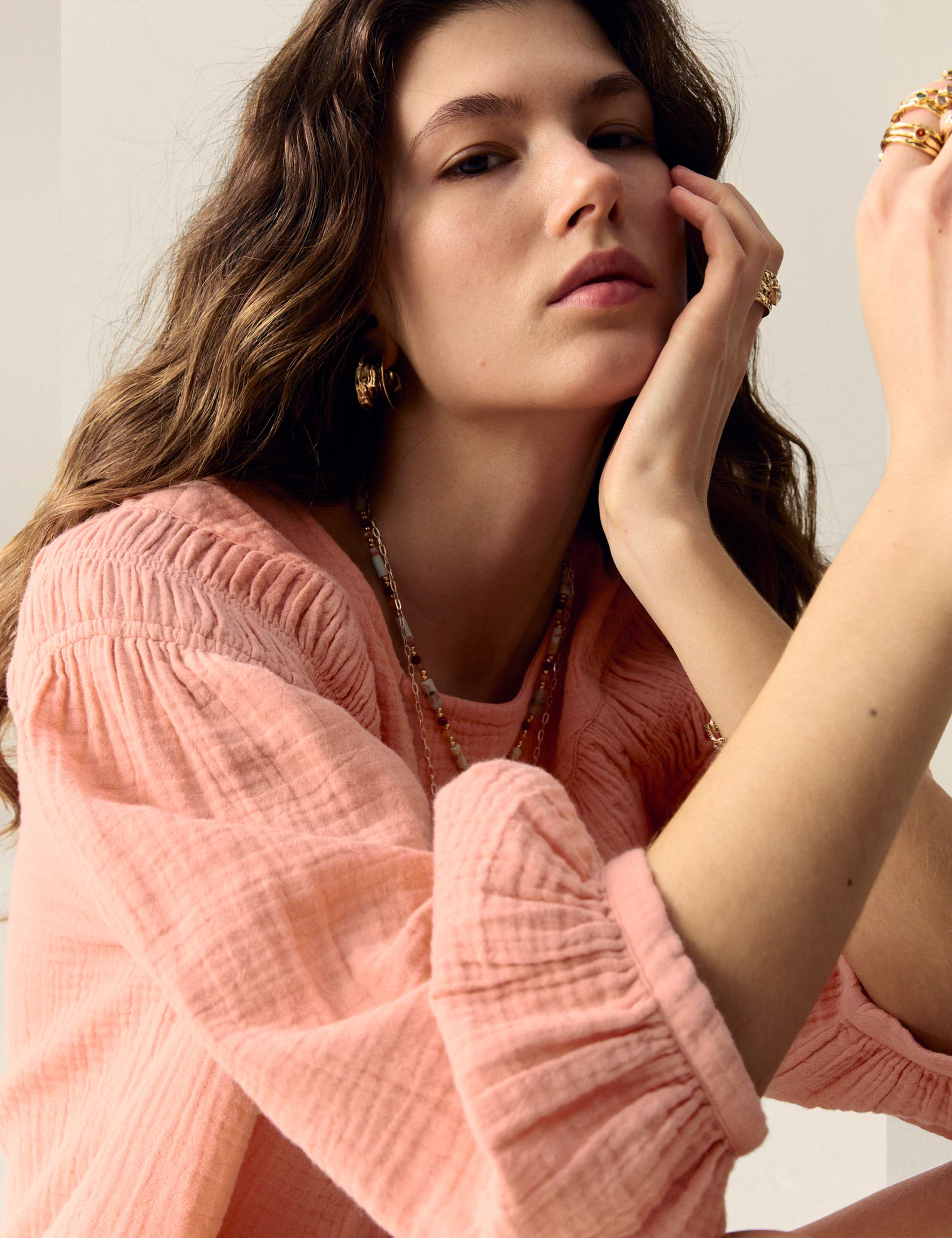 Pure Cotton Blouson Sleeve Popover Blouse