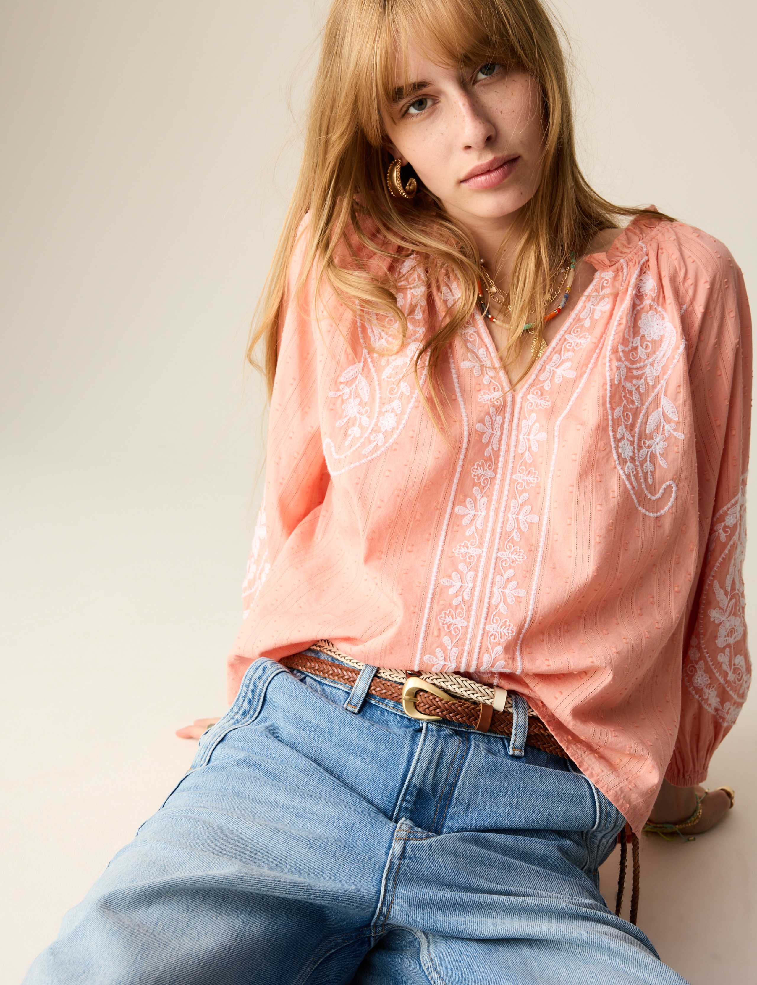 Pure Cotton Embroidered Popover Blouse