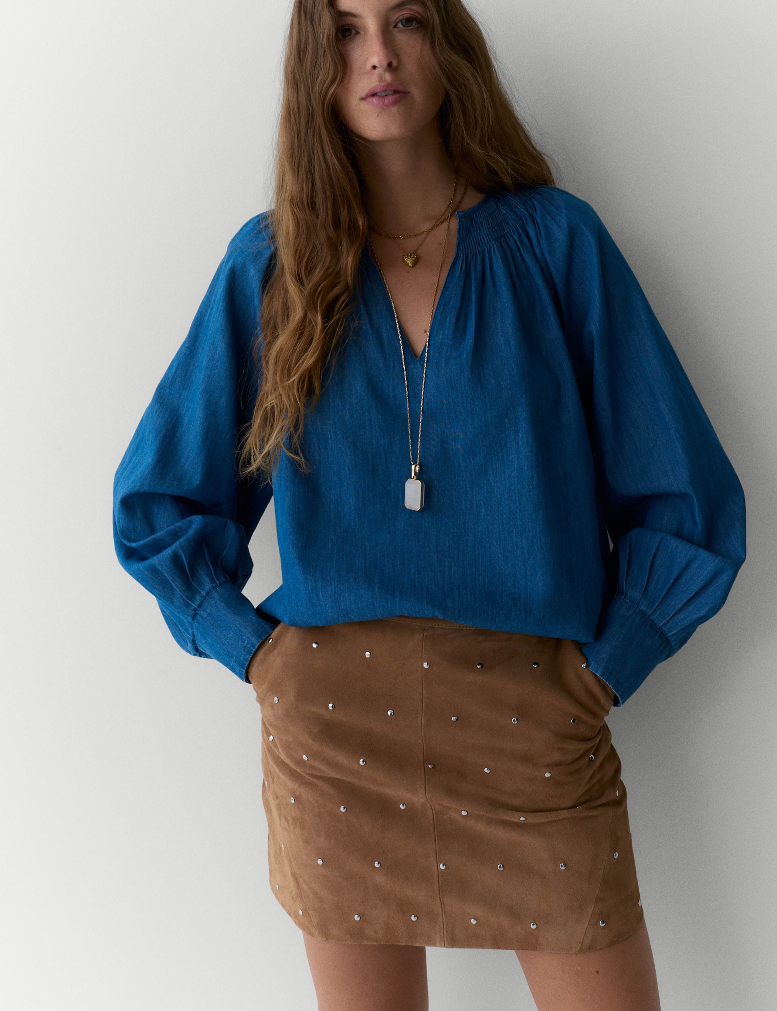 Pure Cotton Denim V-Neck Pintuck Blouse