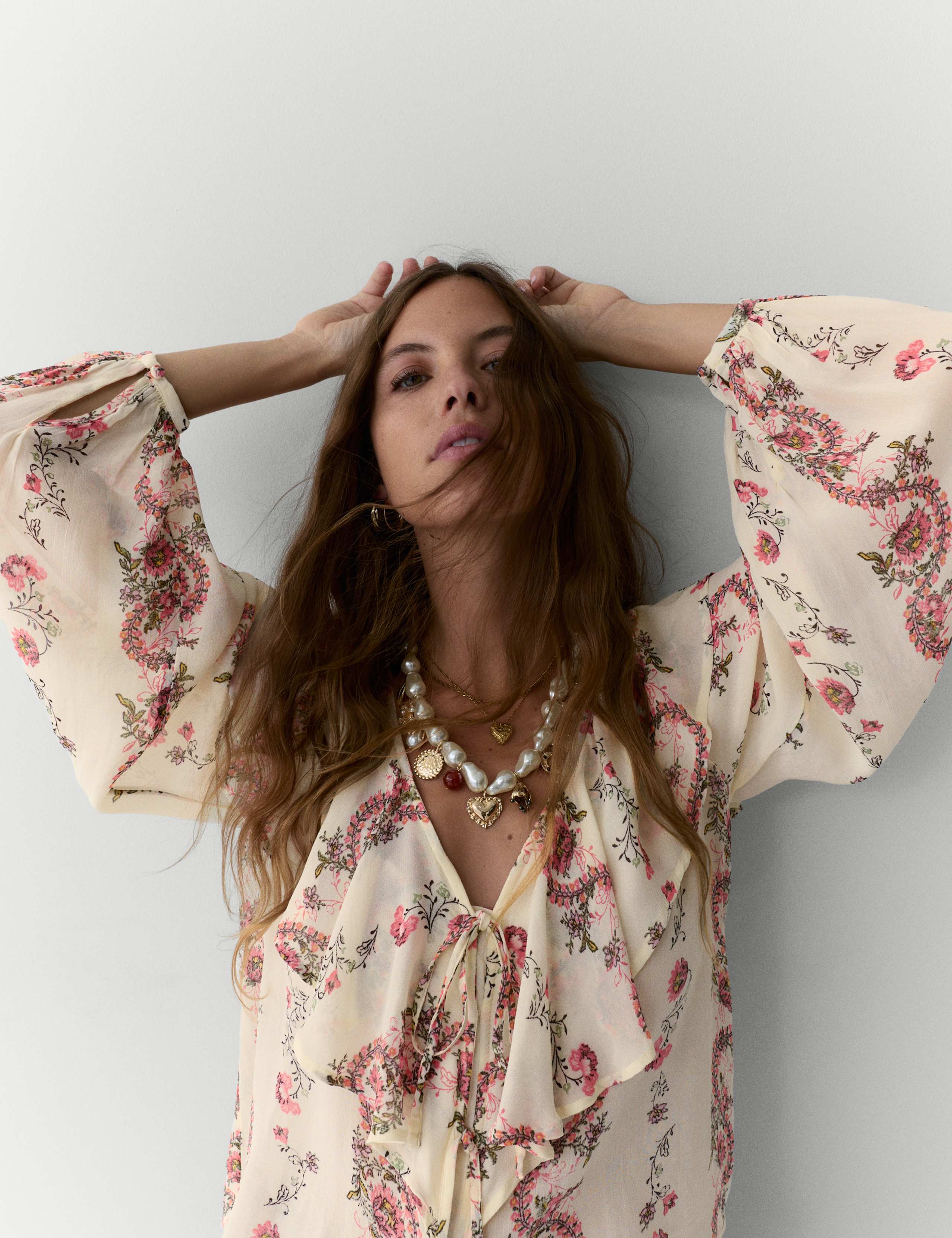 Printed Tie Neck Ruffle Blouse