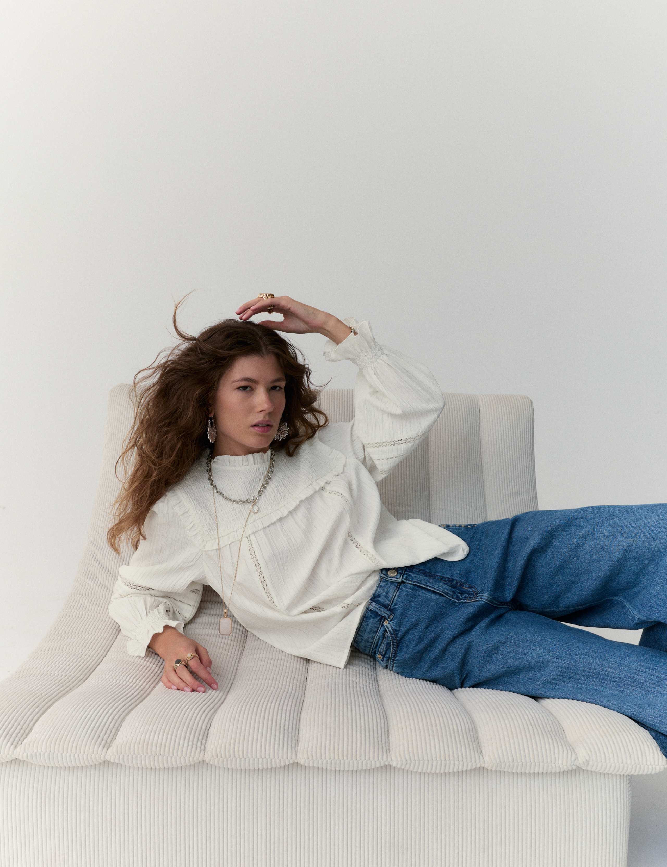 Textured Frill Neck Shirred Blouse