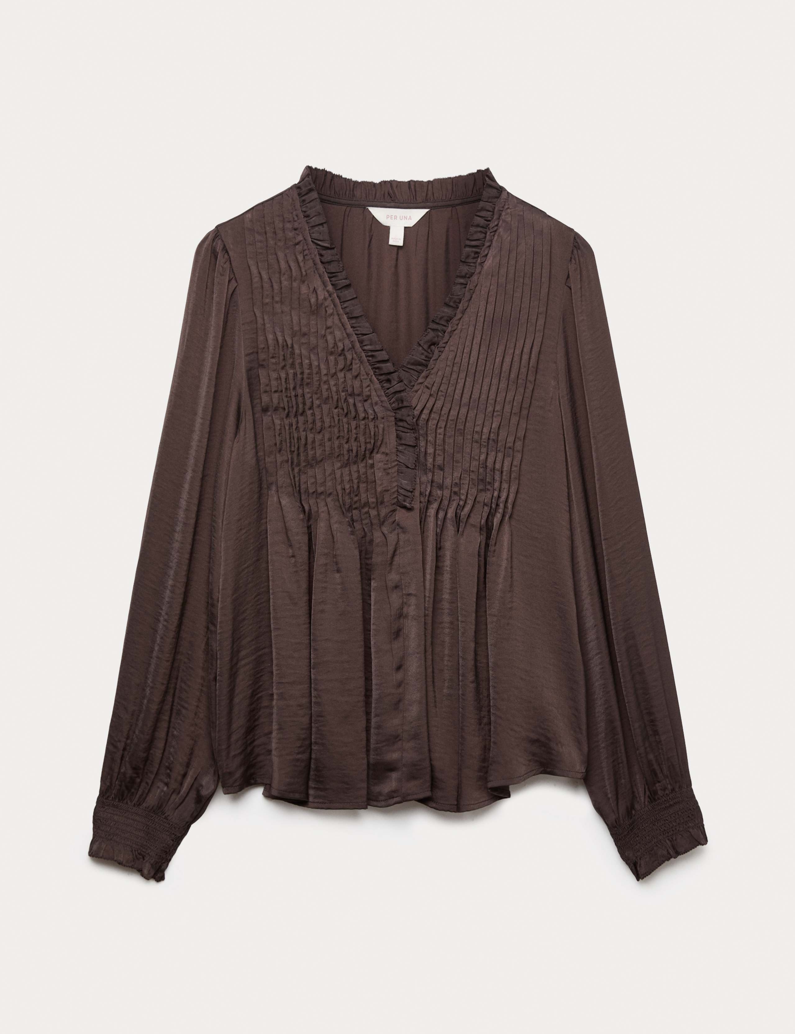 Satin V-Neck Ruffle Pleat Detail Blouse