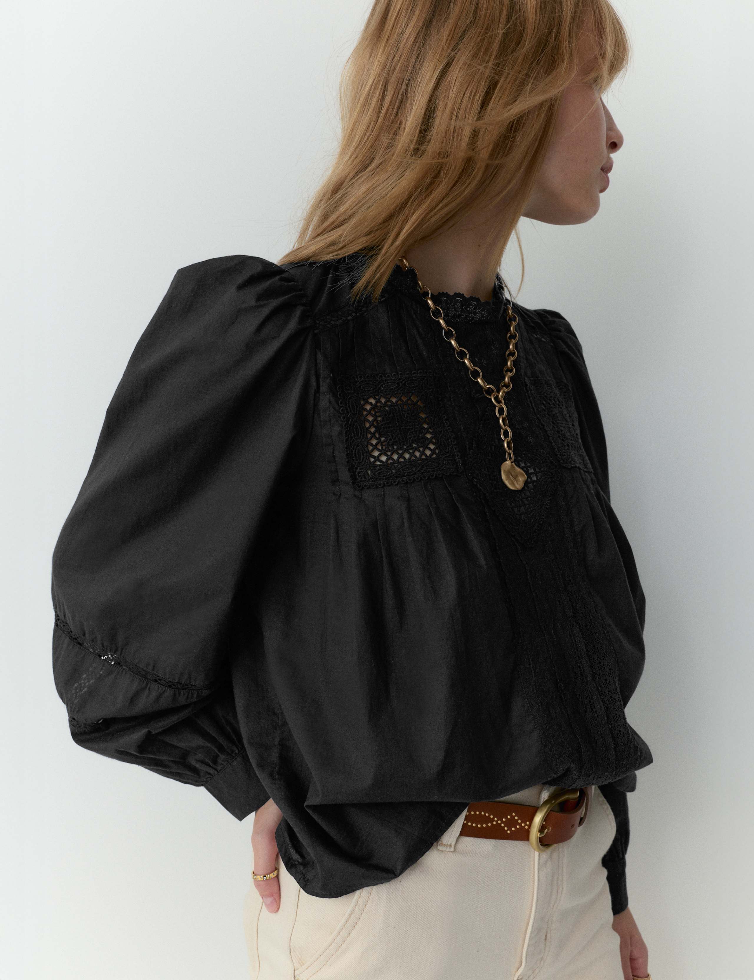Pure Cotton Crew Neck Lace Front Blouse