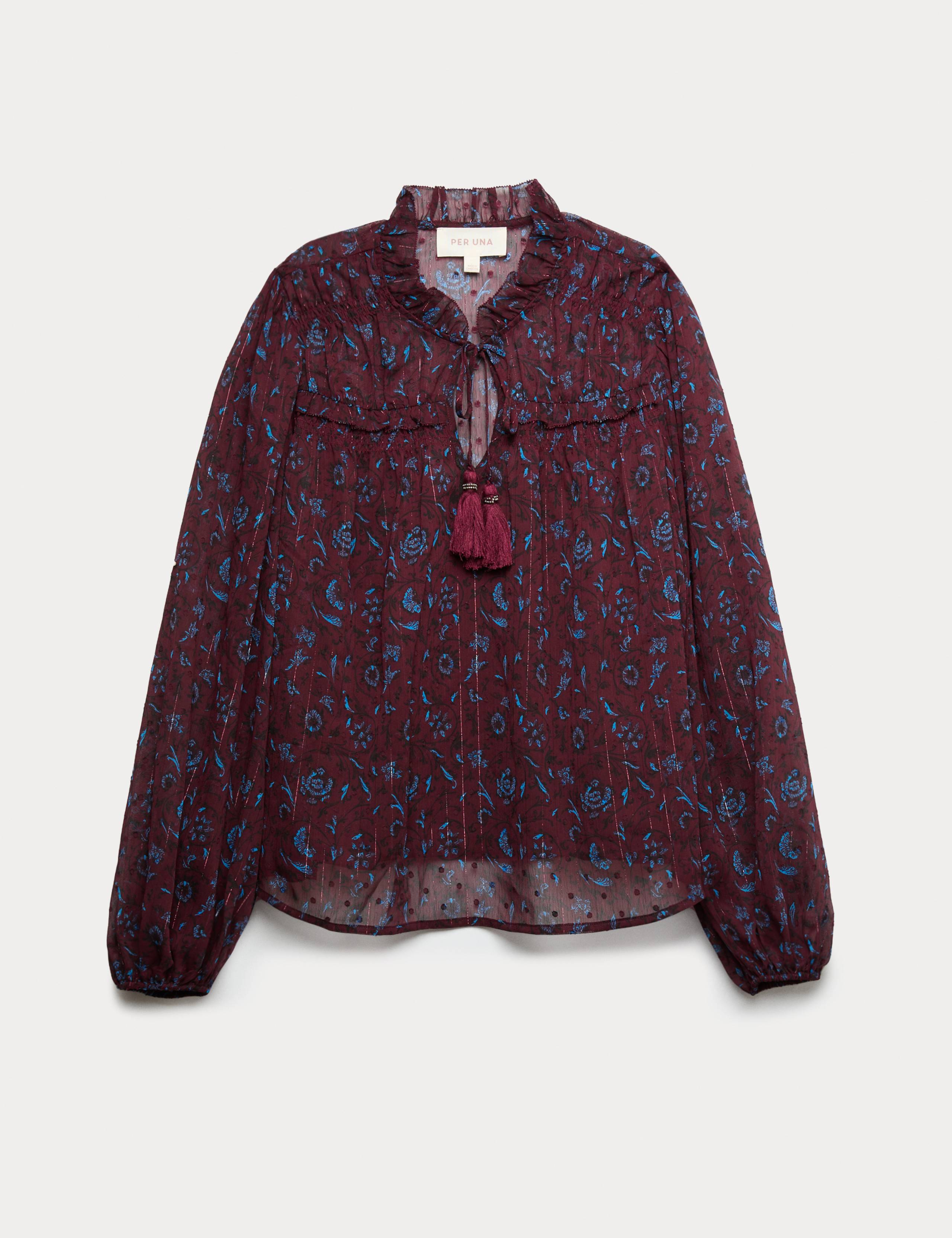 Sheer Chiffon Printed Metallic Tie Neck Top